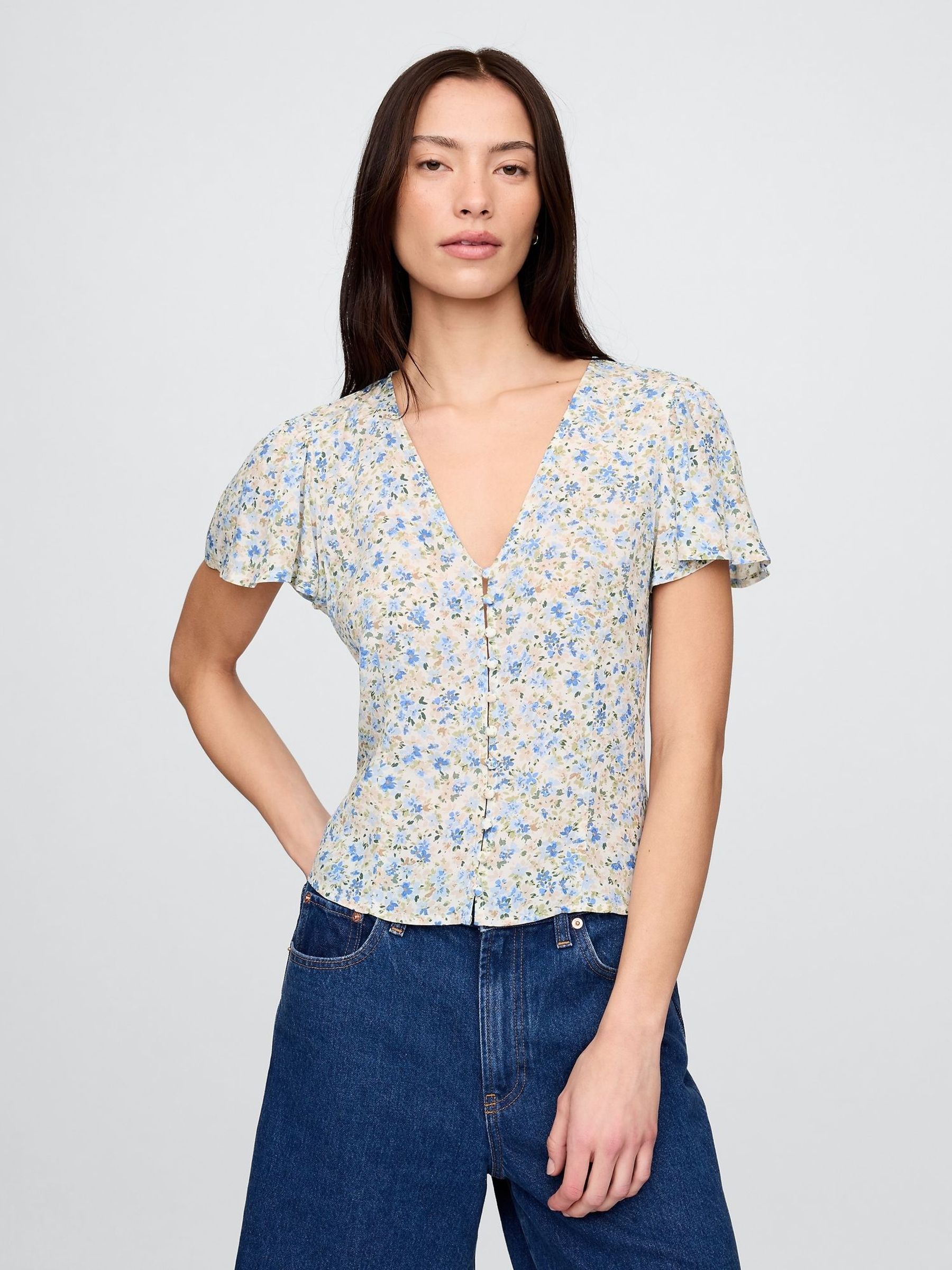 Blue Crepe Flutter-Sleeve Top (F42014) | £40