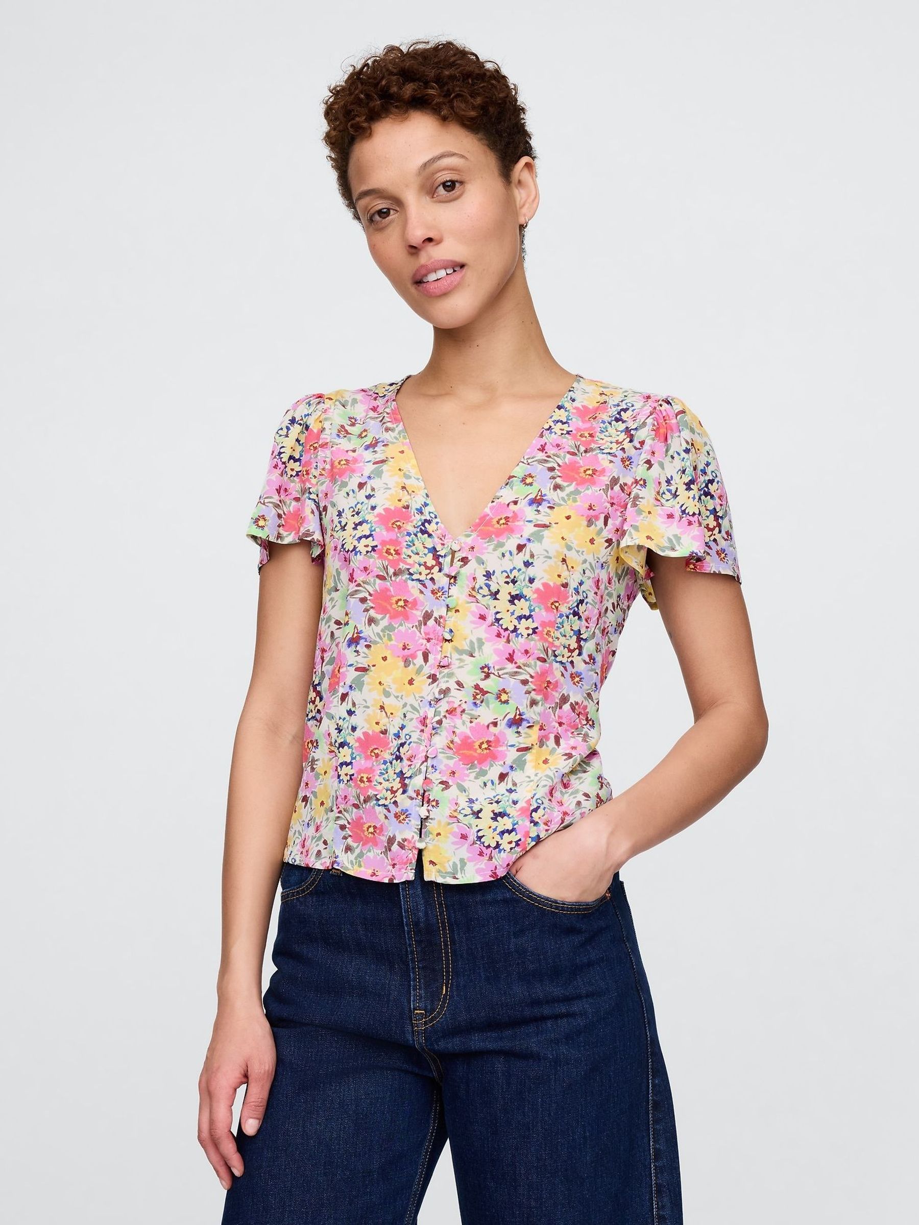 White Floral Crepe Flutter-Sleeve Top (F42017) | £40