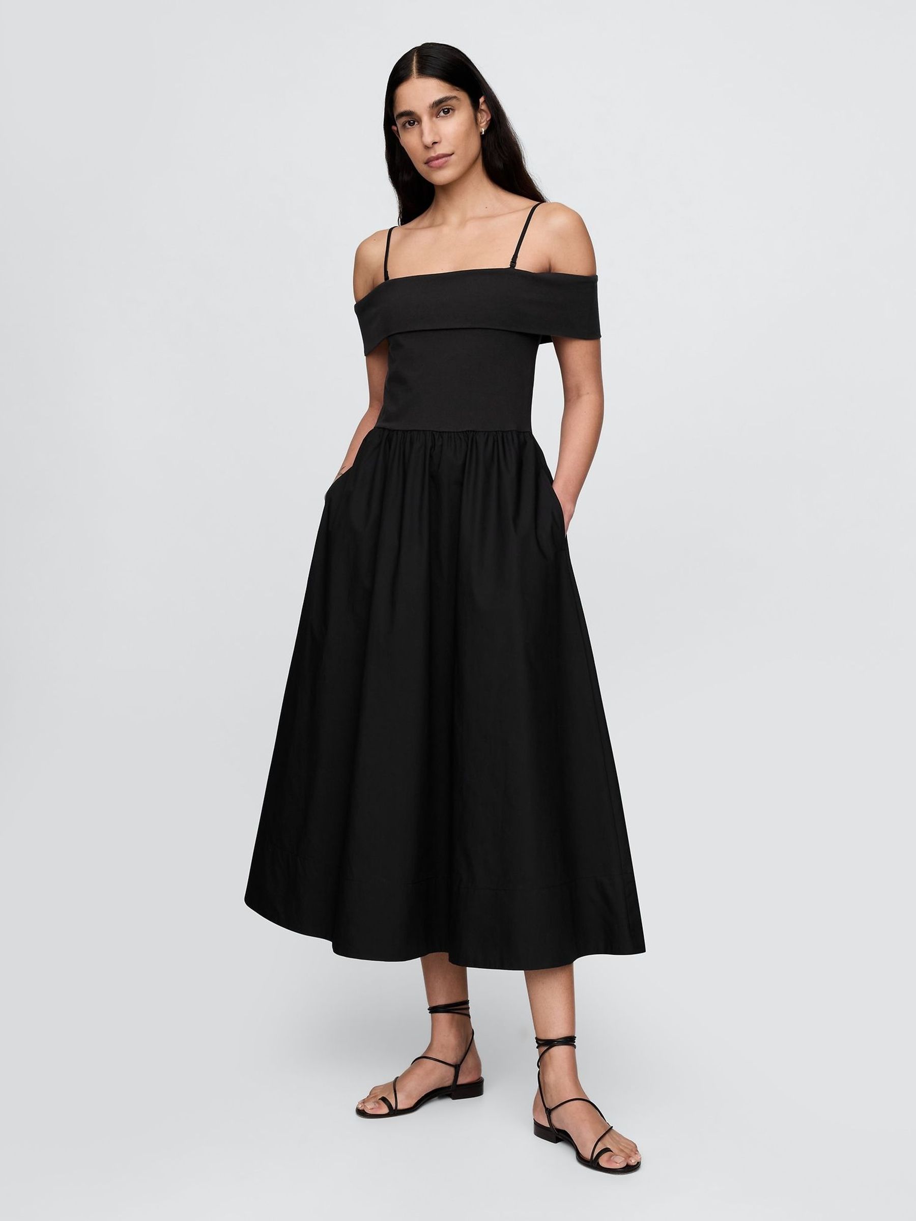 Black Off-Shoulder Bardot Midi Dress (F42024) | £80