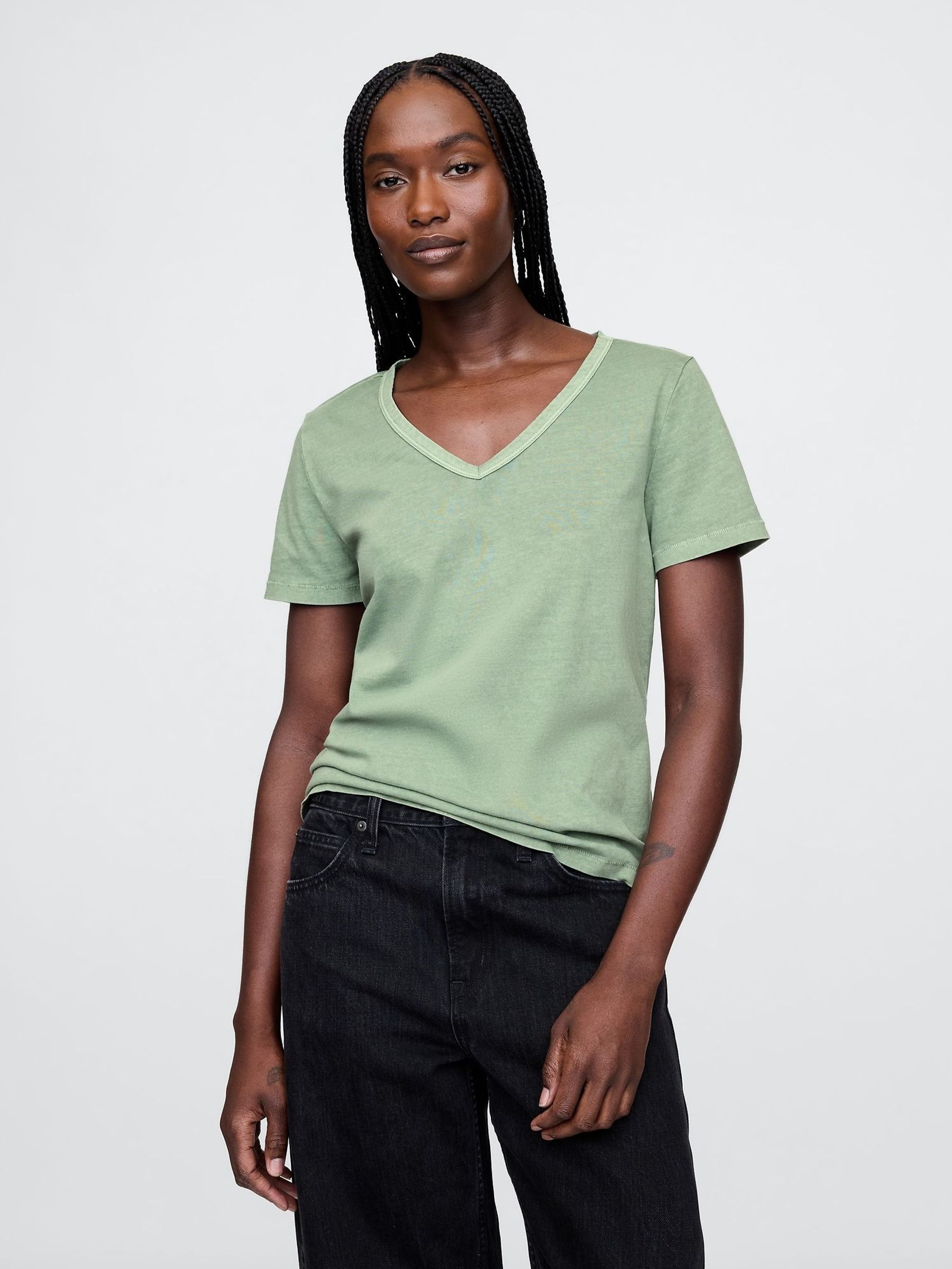 Green V-Neck Organic Cotton Short Sleeve Vintage T-Shirt (F42029) | £18