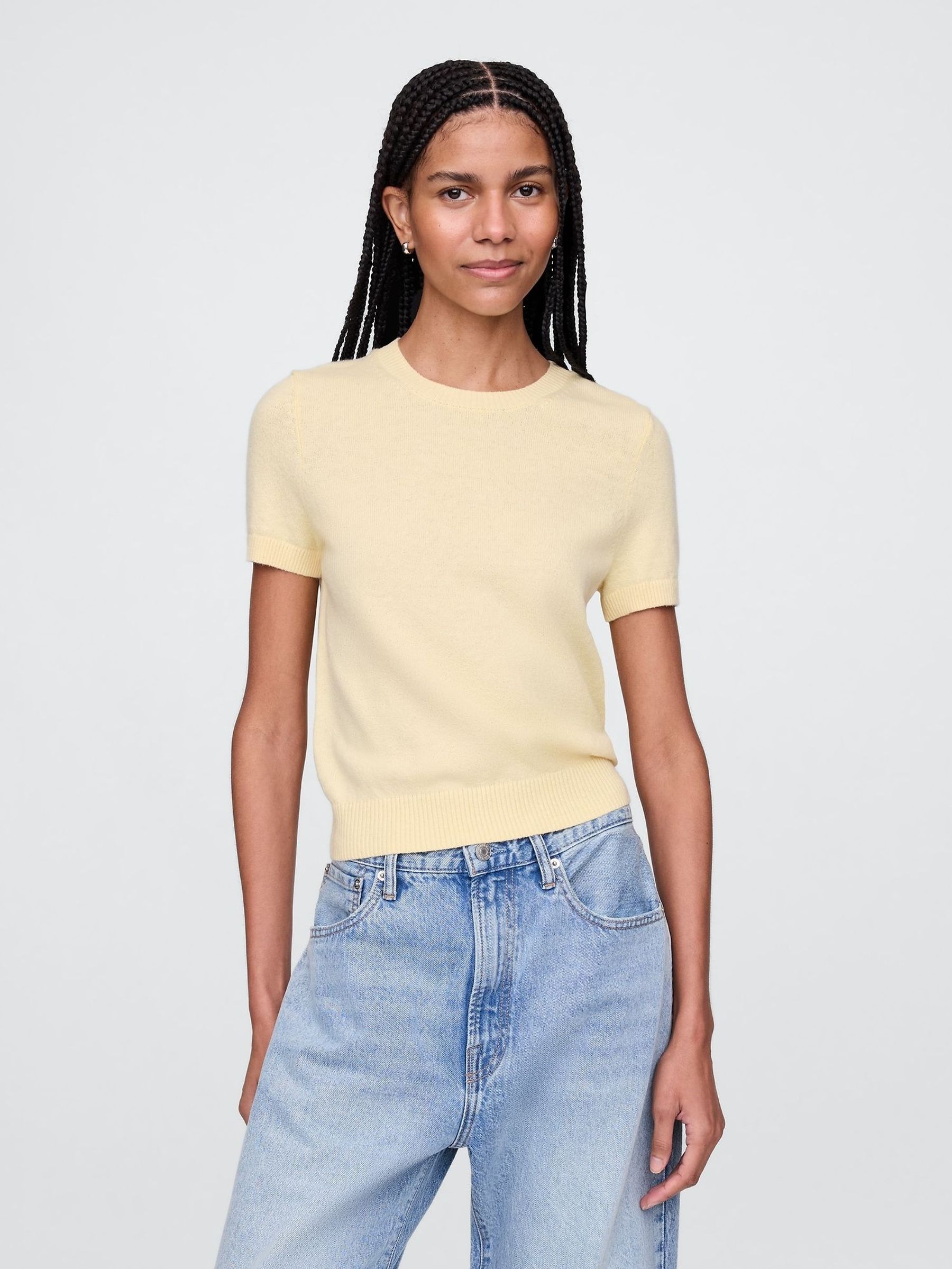 Butter Yellow CashSoft Short Sleeve Crew Neck Knit Top (F42031) | £25