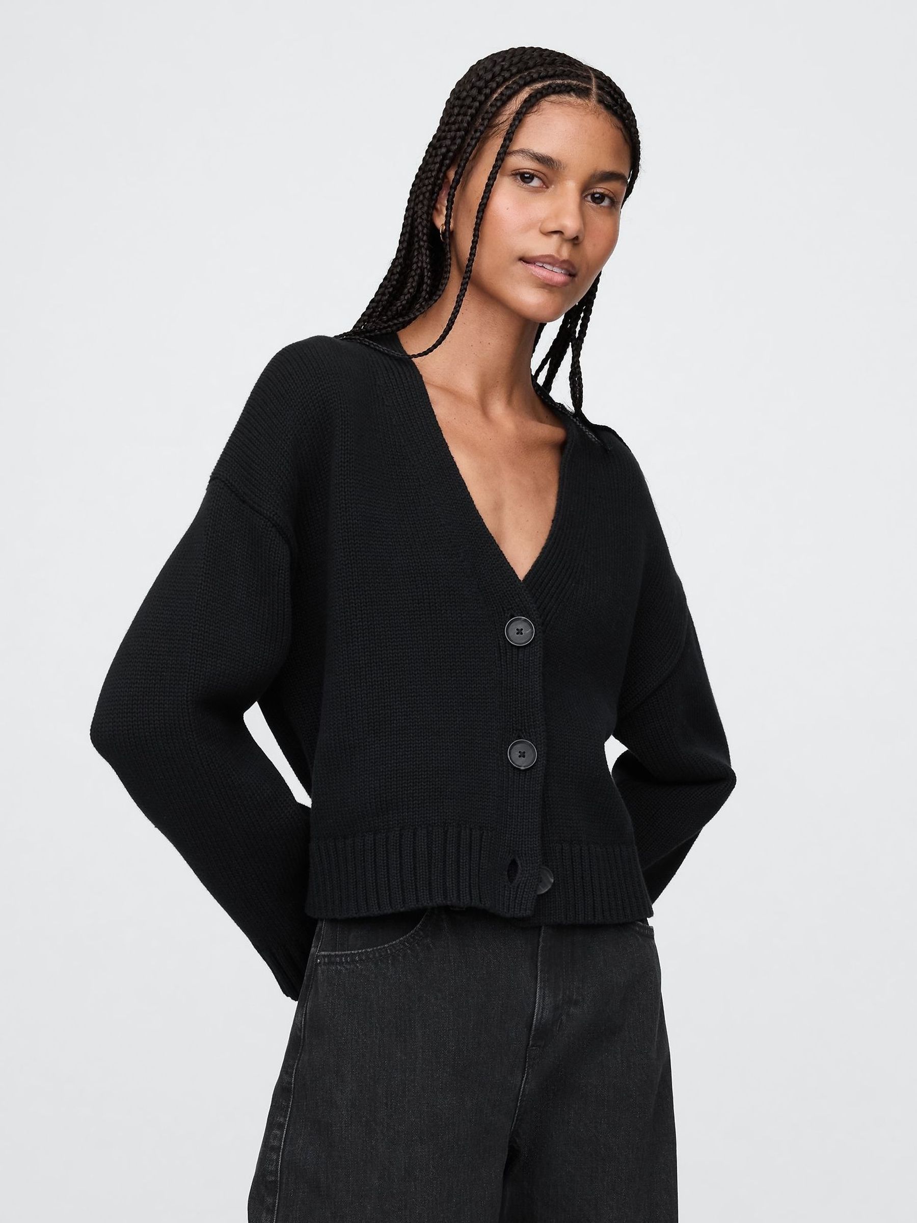 Black 100% Cotton V Neck Cropped Cardigan (F42034) | £45