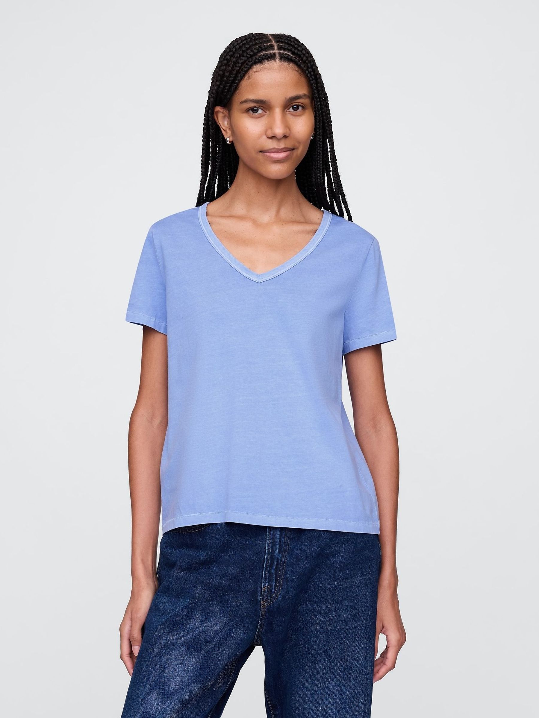 Blue V-Neck Organic Cotton Short Sleeve Vintage T-Shirt (F42042) | £18