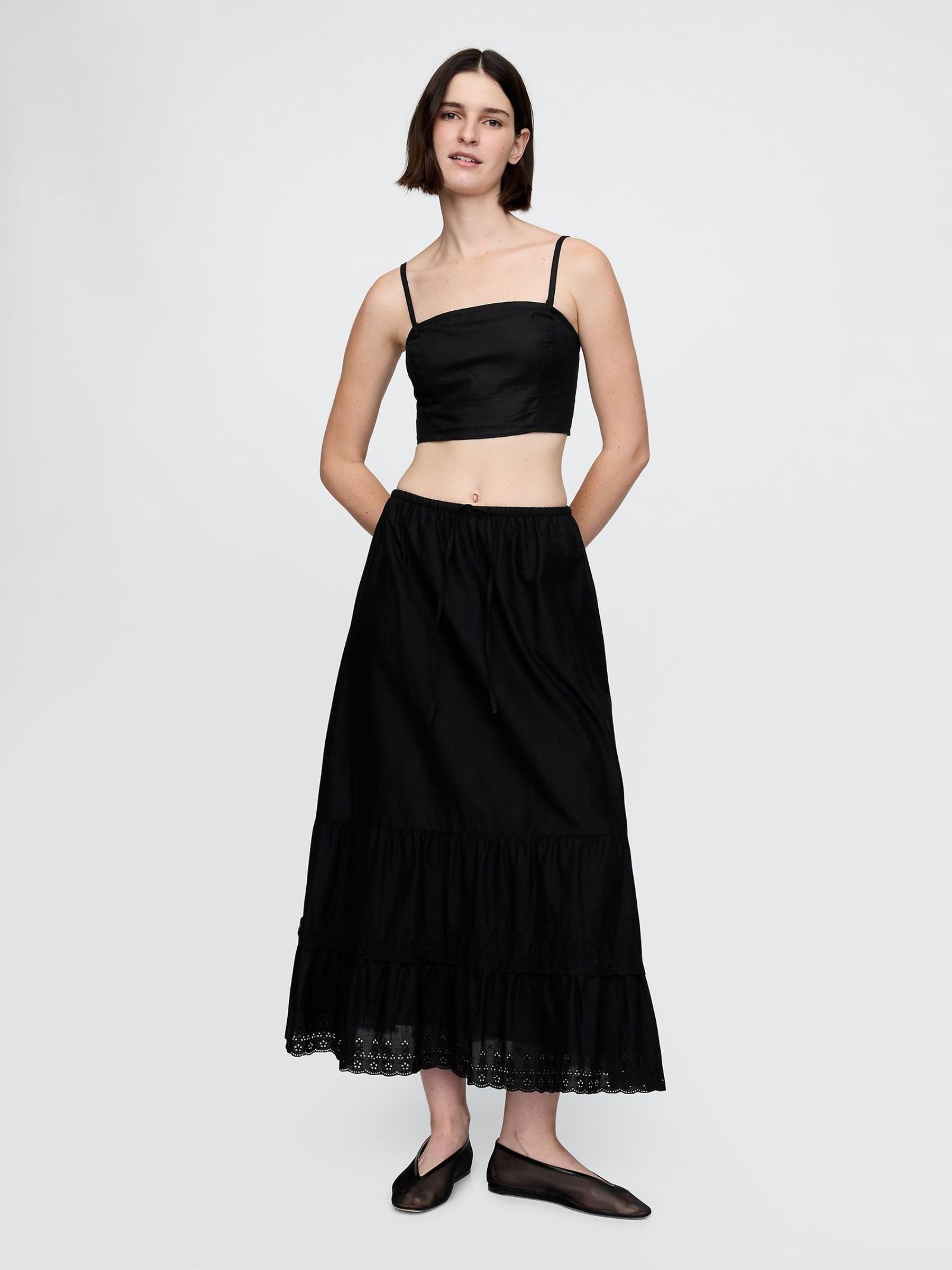 Black Cotton Easy Tiered Eyelet Maxi Skirt (F42043) | £50