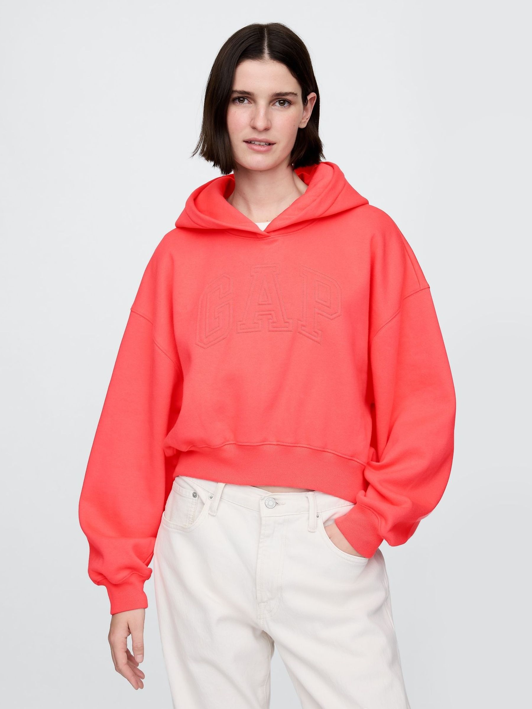 Fluro Orange Vintage Soft Fleece-Lined Cropped Logo Hoodie (F42053) | £50