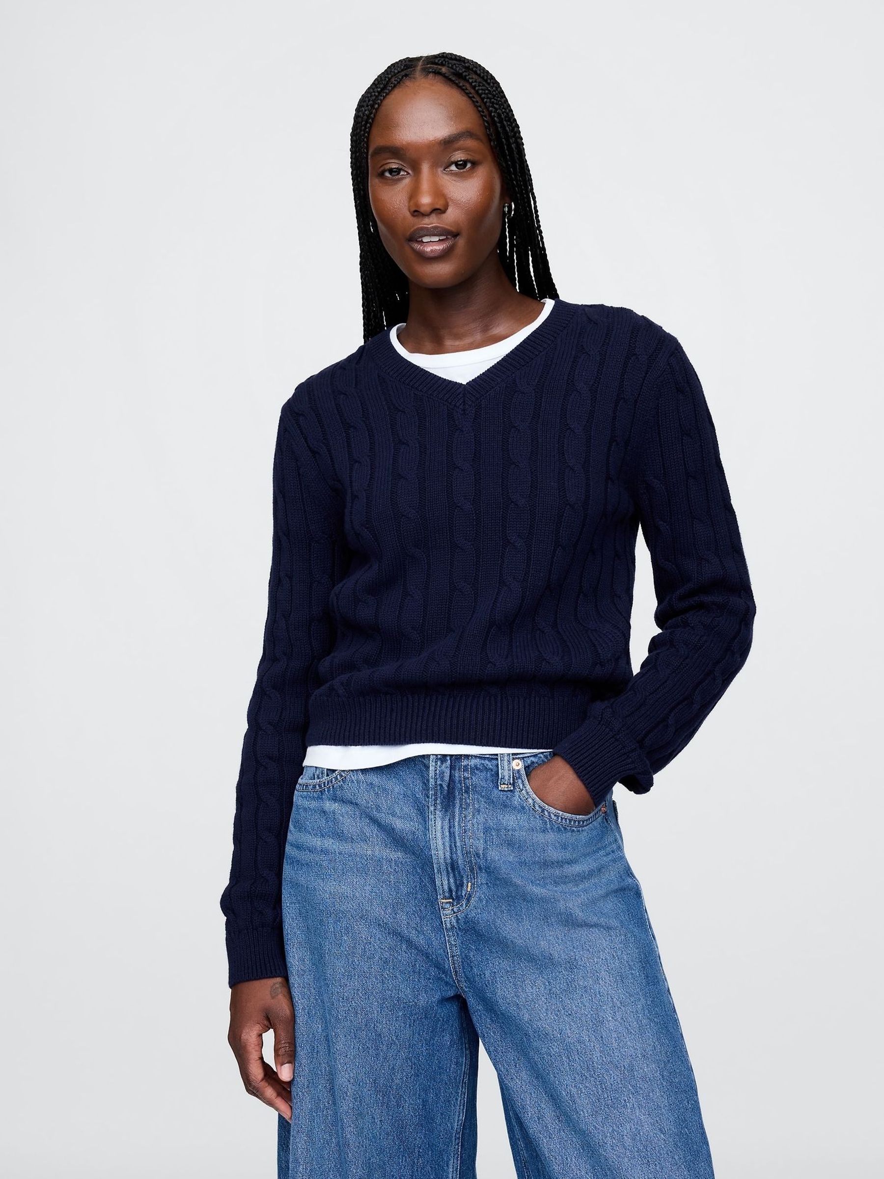Navy/Blue Classic Cable-Knit V Neck Jumper (F42056) | £40