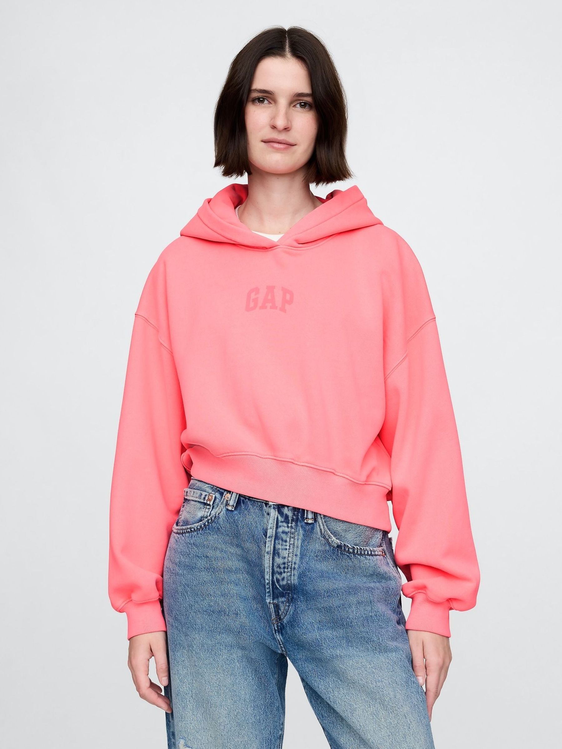 Fluro Pink Vintage Soft Logo Cropped Hoodie (F42060) | £50
