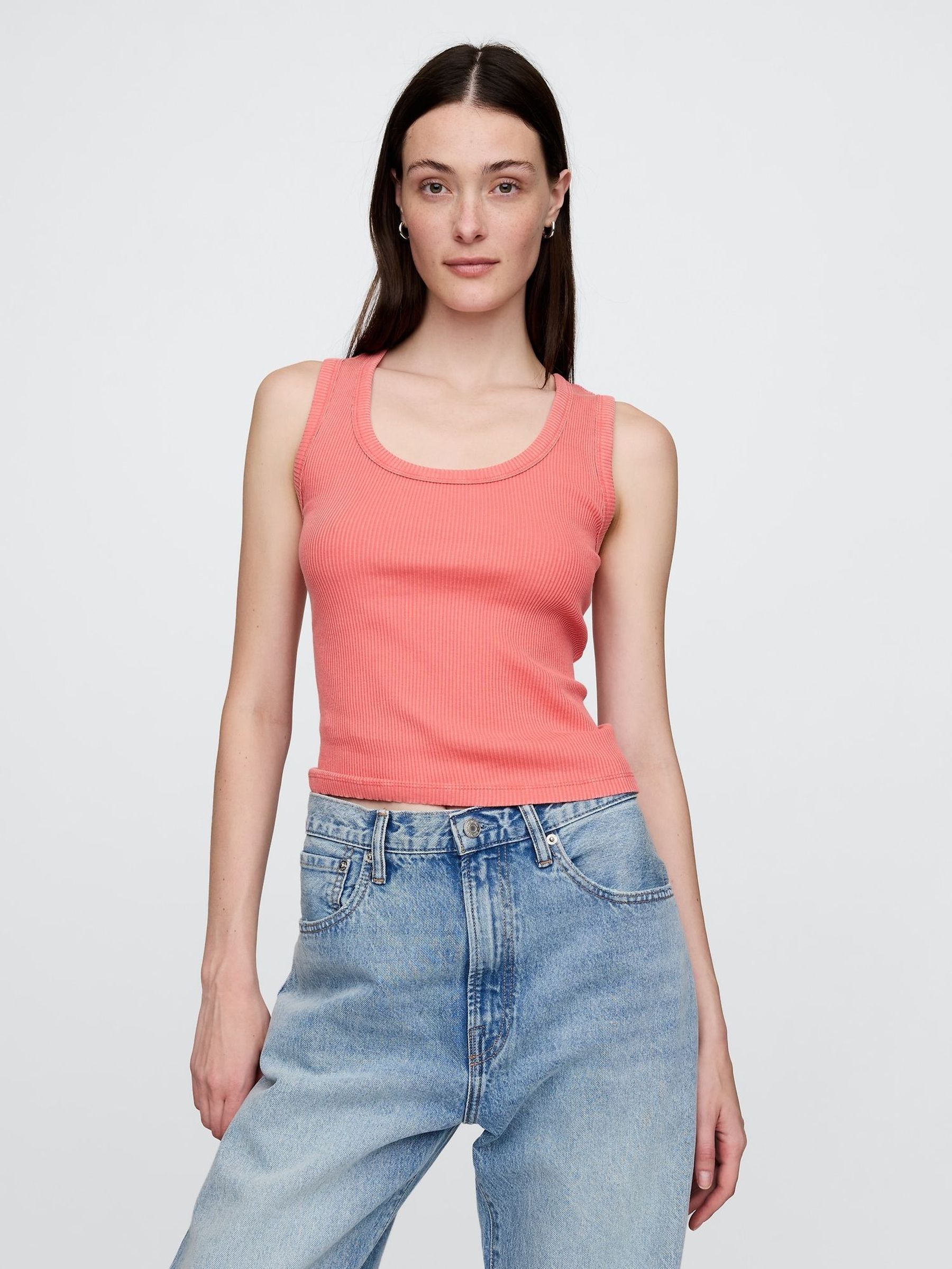 Coral Pink Ribbed Knit Cotton Stretch Scoop Vest (F42061) | £16