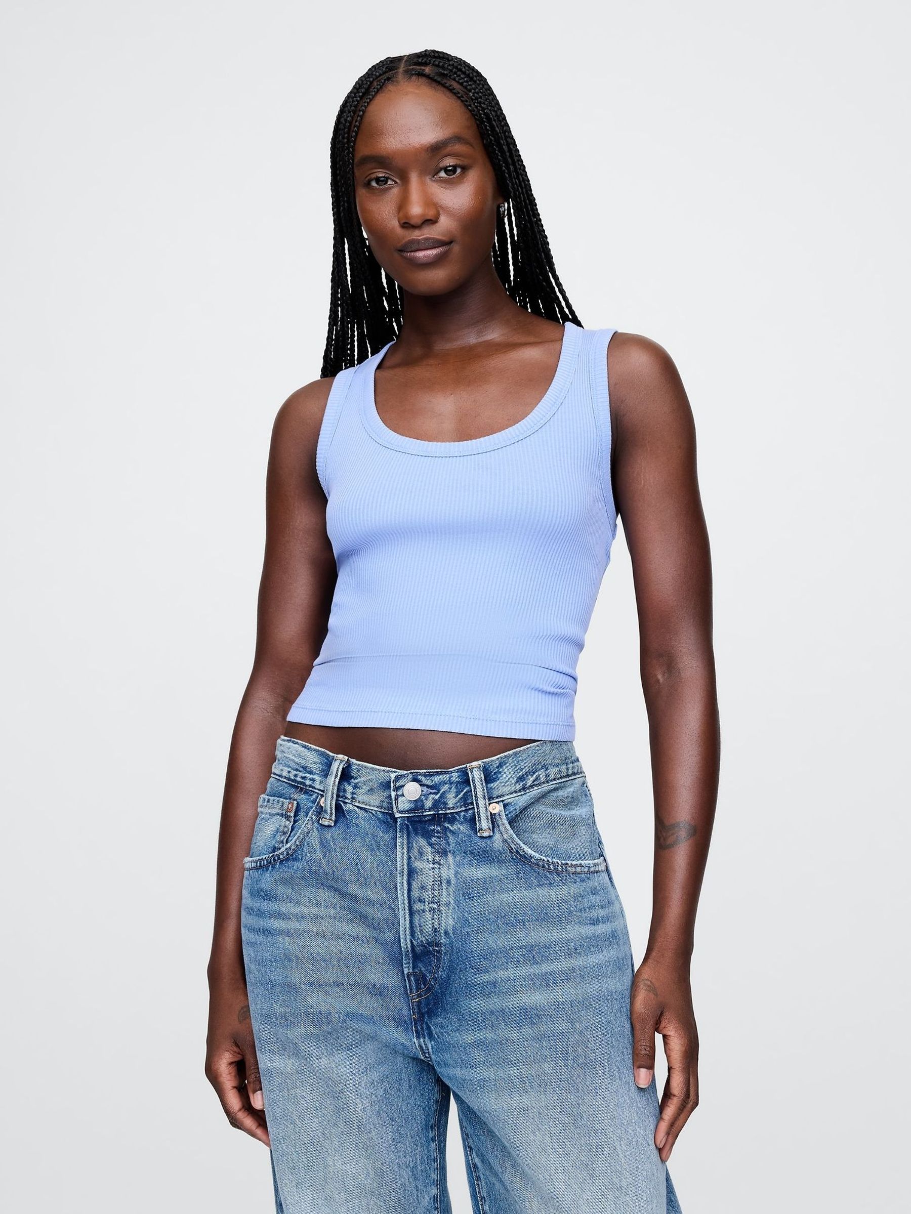 Light Blue Ribbed Knit Cotton Stretch Scoop Vest (F42063) | £16