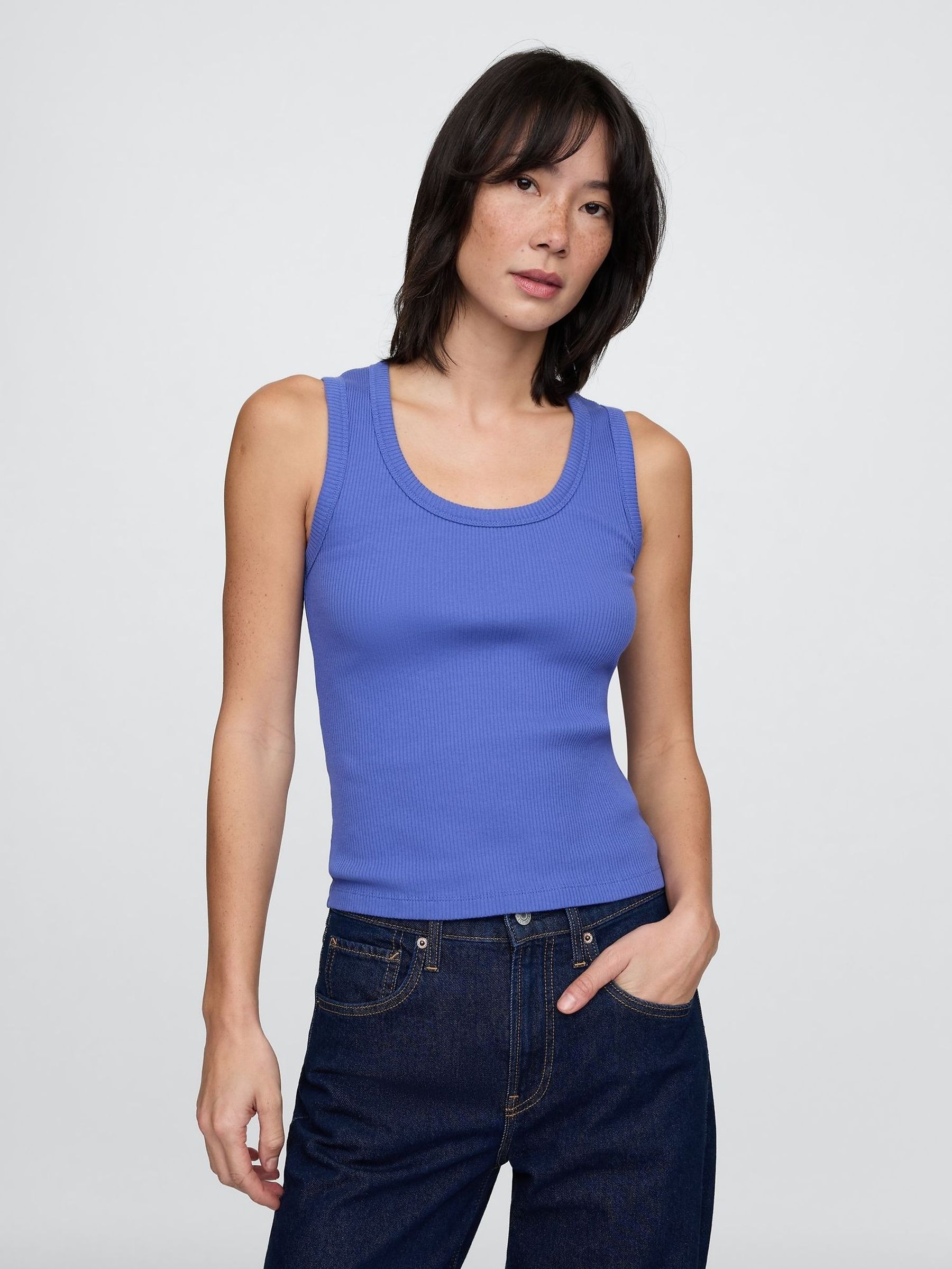 Blue Ribbed Knit Cotton Stretch Scoop Vest (F42068) | £16