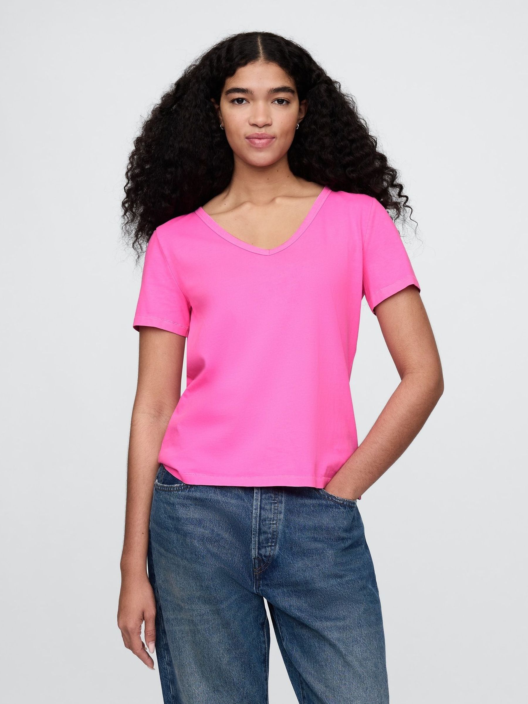 Pink V-Neck Vintage 100% Organic Cotton Short Sleeve T-Shirt (F42071) | £18