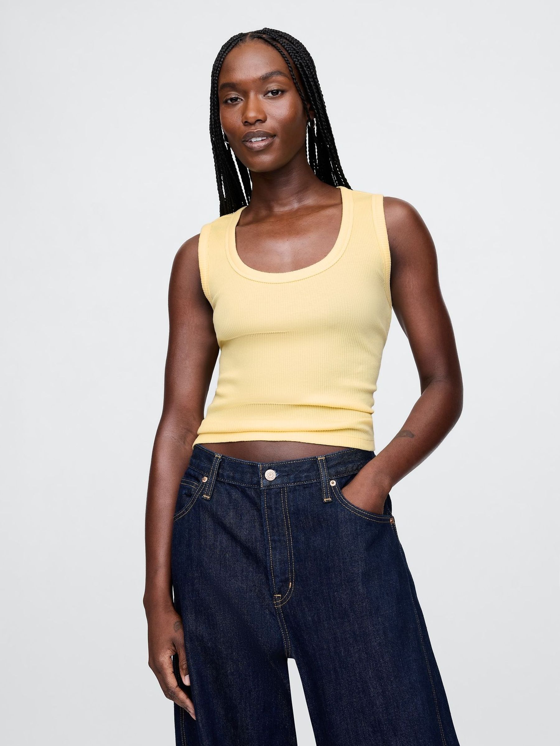 Butter Yellow Ribbed Knit Cotton Stretch Scoop Vest (F42075) | £16