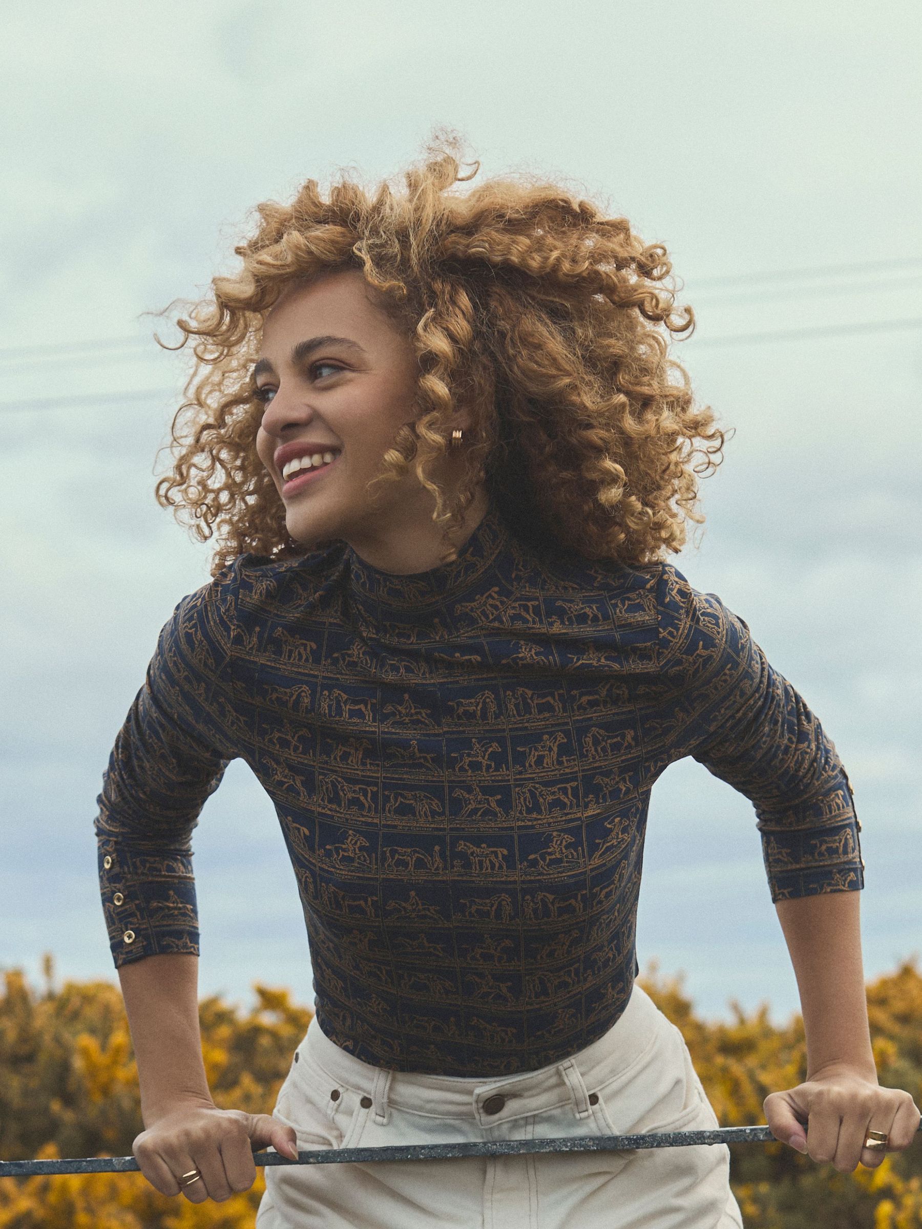 Navy Horse Print Long Sleeve High Neck Jersey Top (F42319) | £30