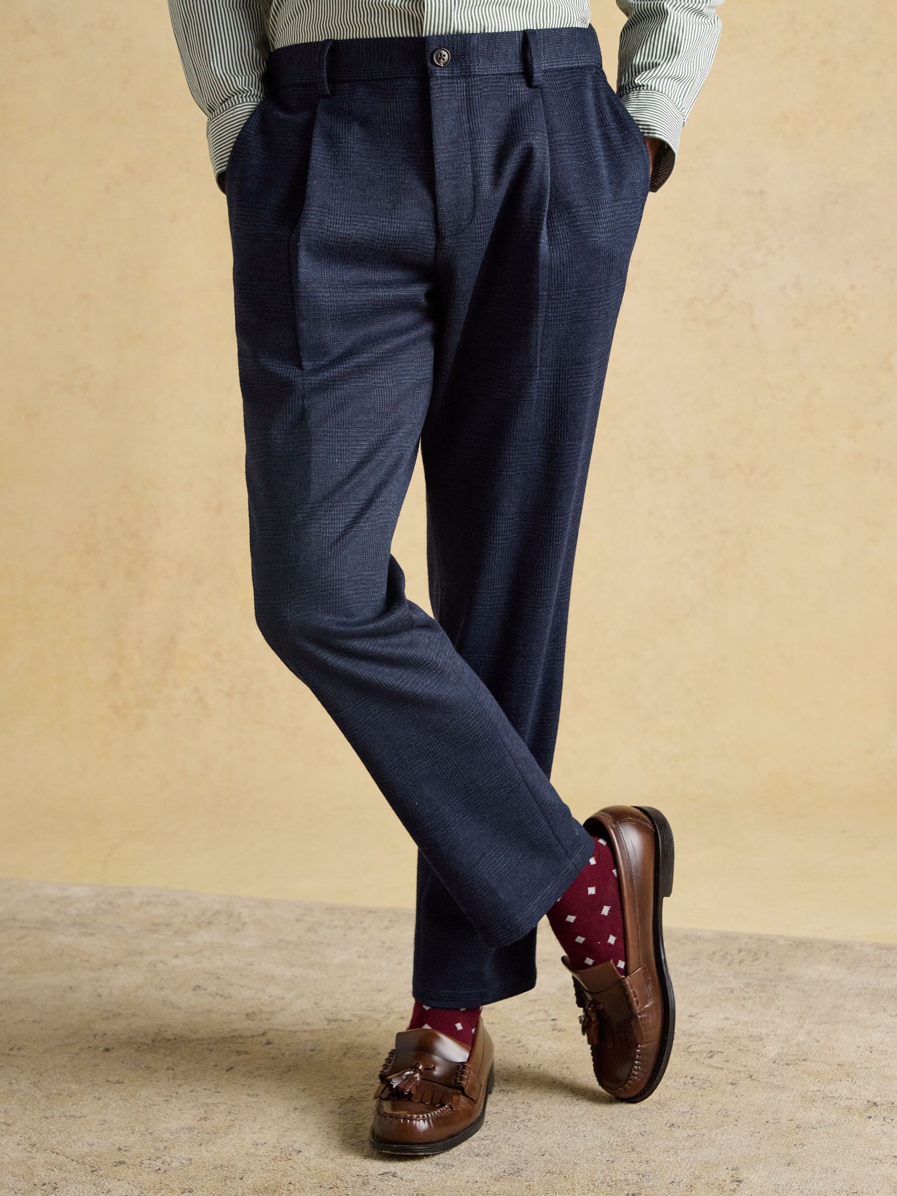 Blue Relaxed Jersey Prince of Wales Check Suit Trousers (F43251) | £69