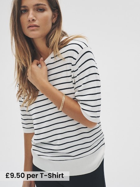 Black/Charcoal Grey/Grey Marl/Cream Stripe - 4 Pack Long Sleeve Fine Knit T-Shirts (F44746) | £38