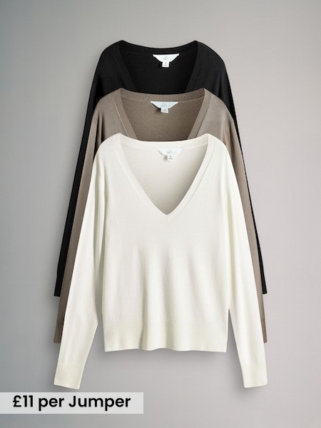 Black/Neutral/Cream - 3 Pack V-Neck Fine Knit Jumpers (F44747) | £33