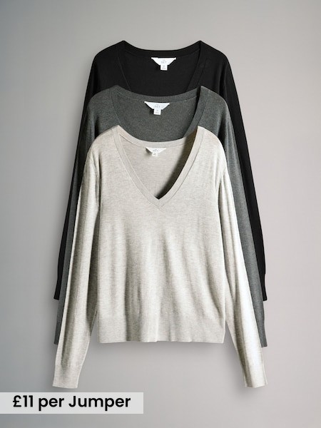 Black/Charcoal Grey/Grey Marl - 3 Pack V-Neck Fine Knit Jumpers (F44748) | £33
