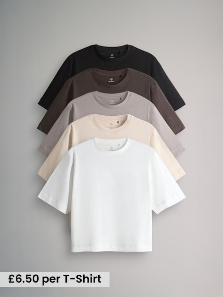 Black/Chocolate Brown/Taupe Brown/Neutral/White - 5 Pack Heavyweight Relaxed Short Sleeve T-Shirts (F44753) | £32.50