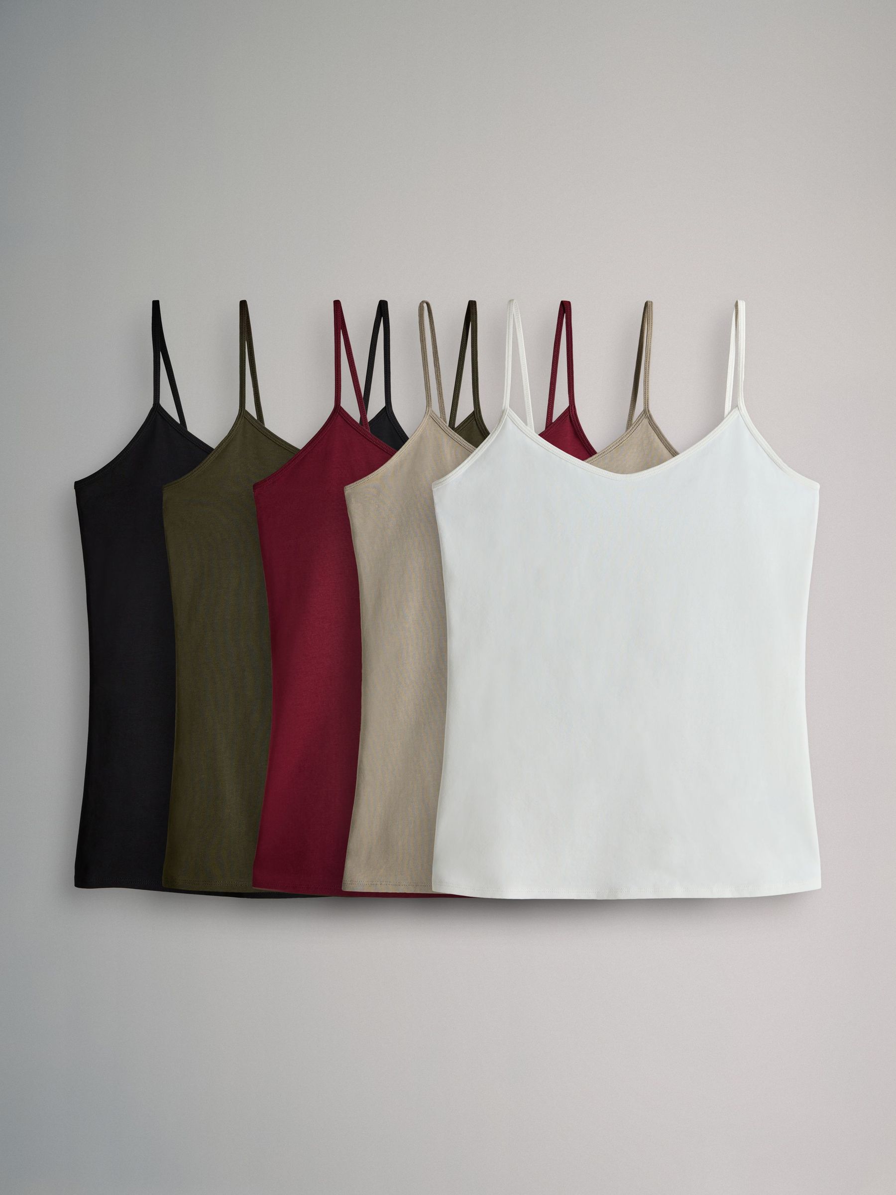 Black/Dark Red/Dark Khaki/ Neutral/White - 5 Pack Thin Strap Vest Tops (F44757) | £18