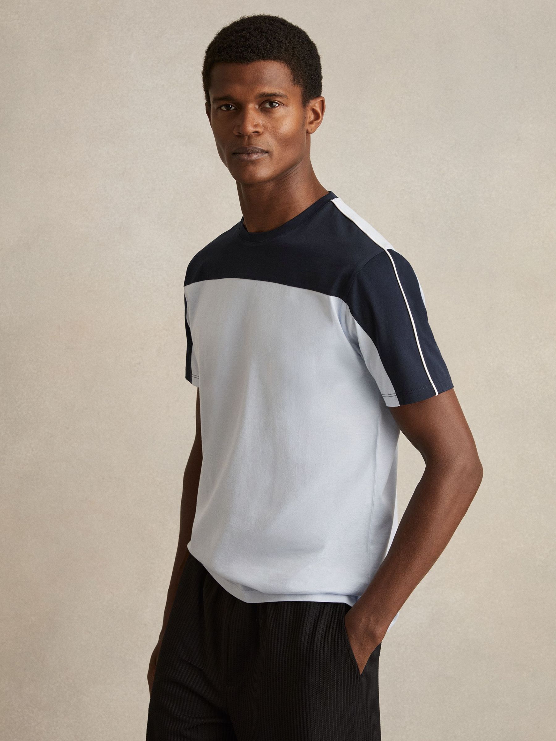 Mercerised-Cotton Colour-Block T-Shirt in Soft Blue/Navy (F45235) | £58