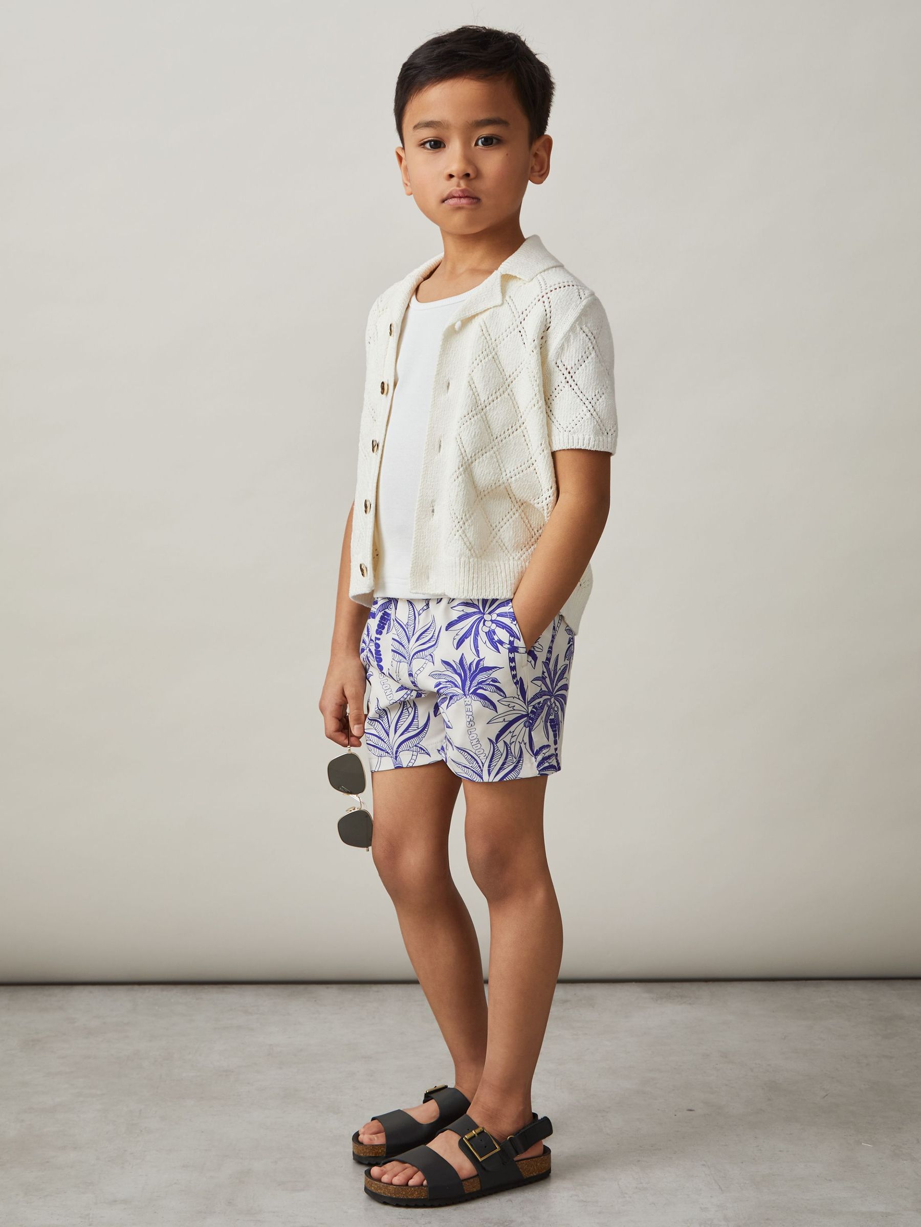 3-9 yrs Palm-Print Swim Shorts in White/French Blue (F45322) | £24
