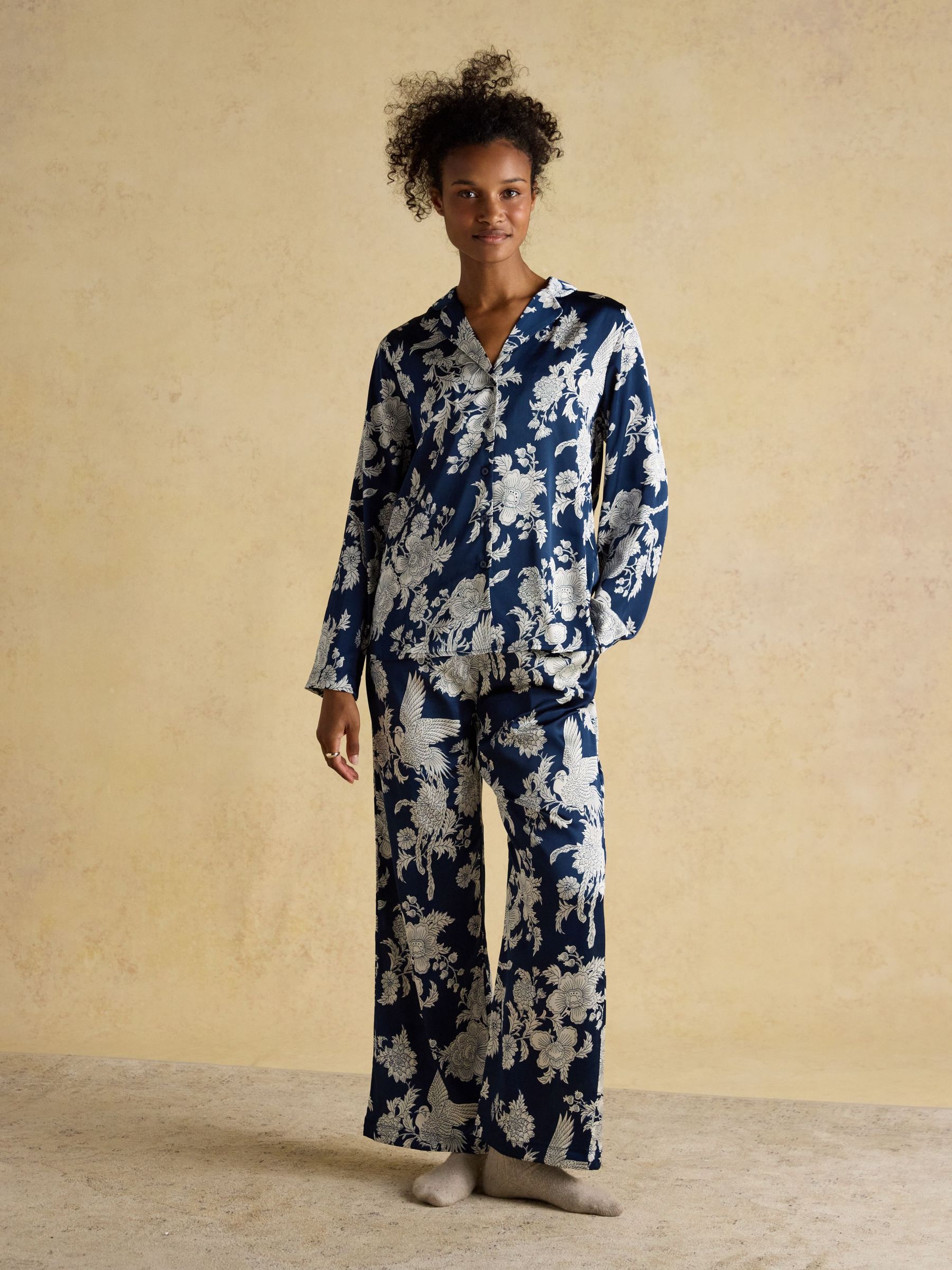 Bonnie Navy Floral Satin Long Sleeve Pyjama Set (F46132) | £44