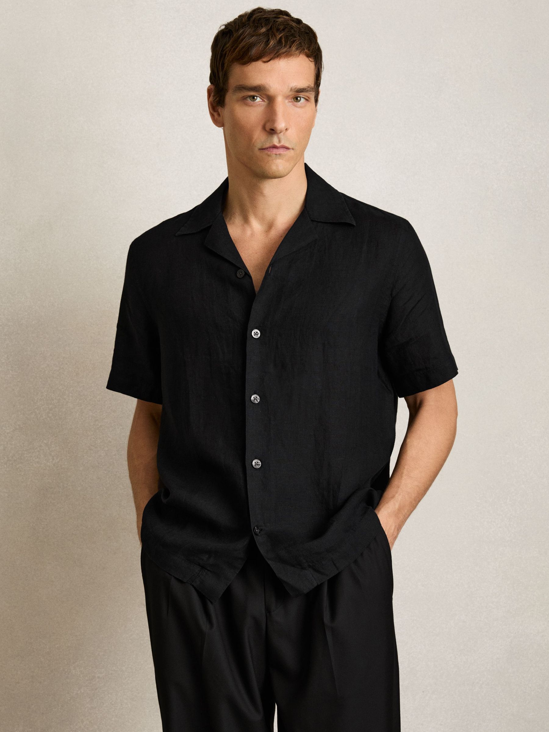 Linen Cuban-Collar Shirt in Black (F47022) | £88