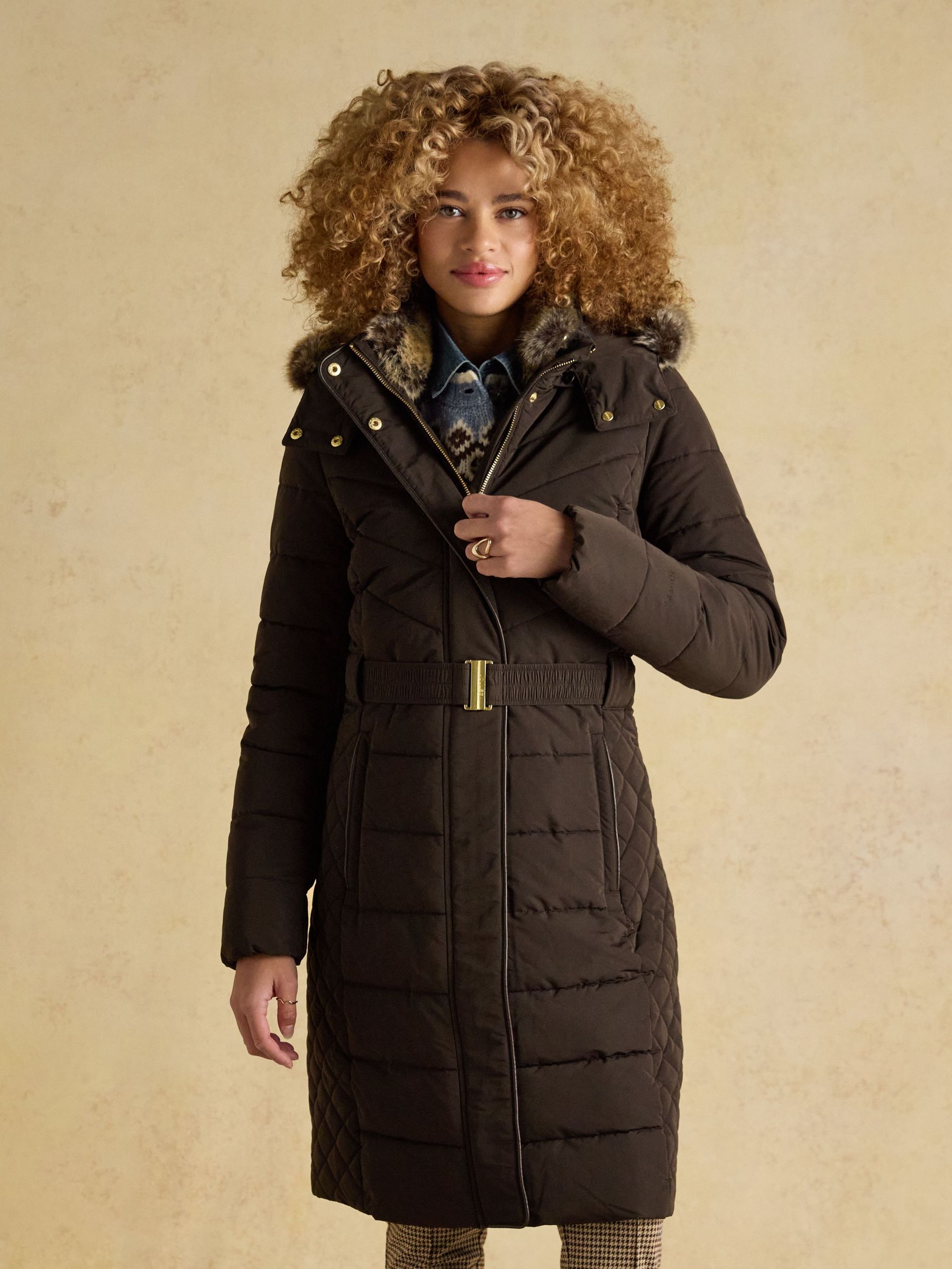 Aspen Brown Showerproof Longline Padded Coat with Faux Fur Hood (F48225) | £199
