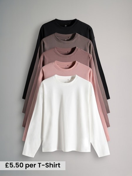 White/Pale Pink/Mauve Pink/Light Brown/Black - 5 Pack Relaxed Long Sleeved T-Shirts (F48821) | £27.50