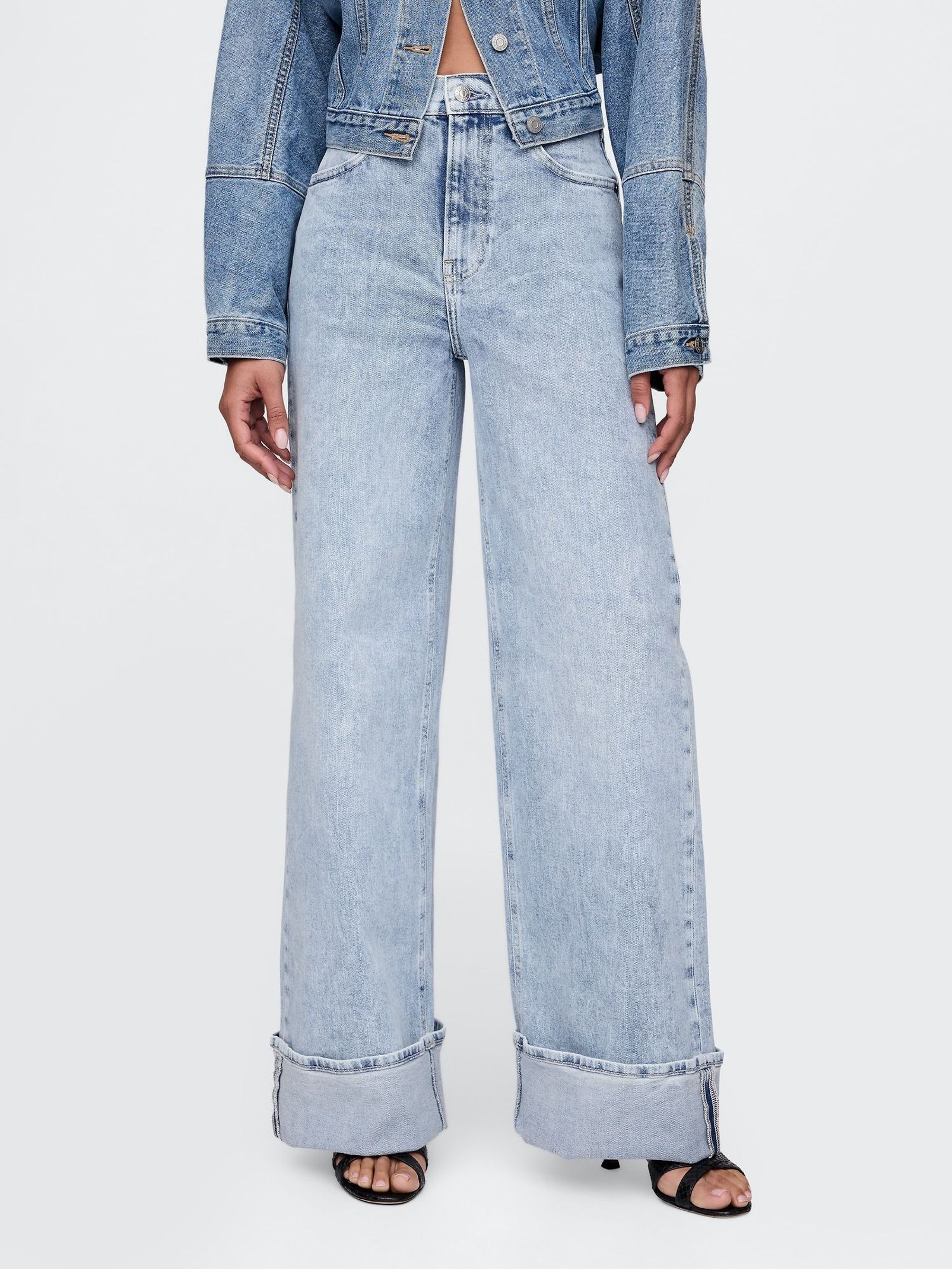 Blue High Waisted Stride Cuffed Wide-Leg Jeans (F49012) | £50