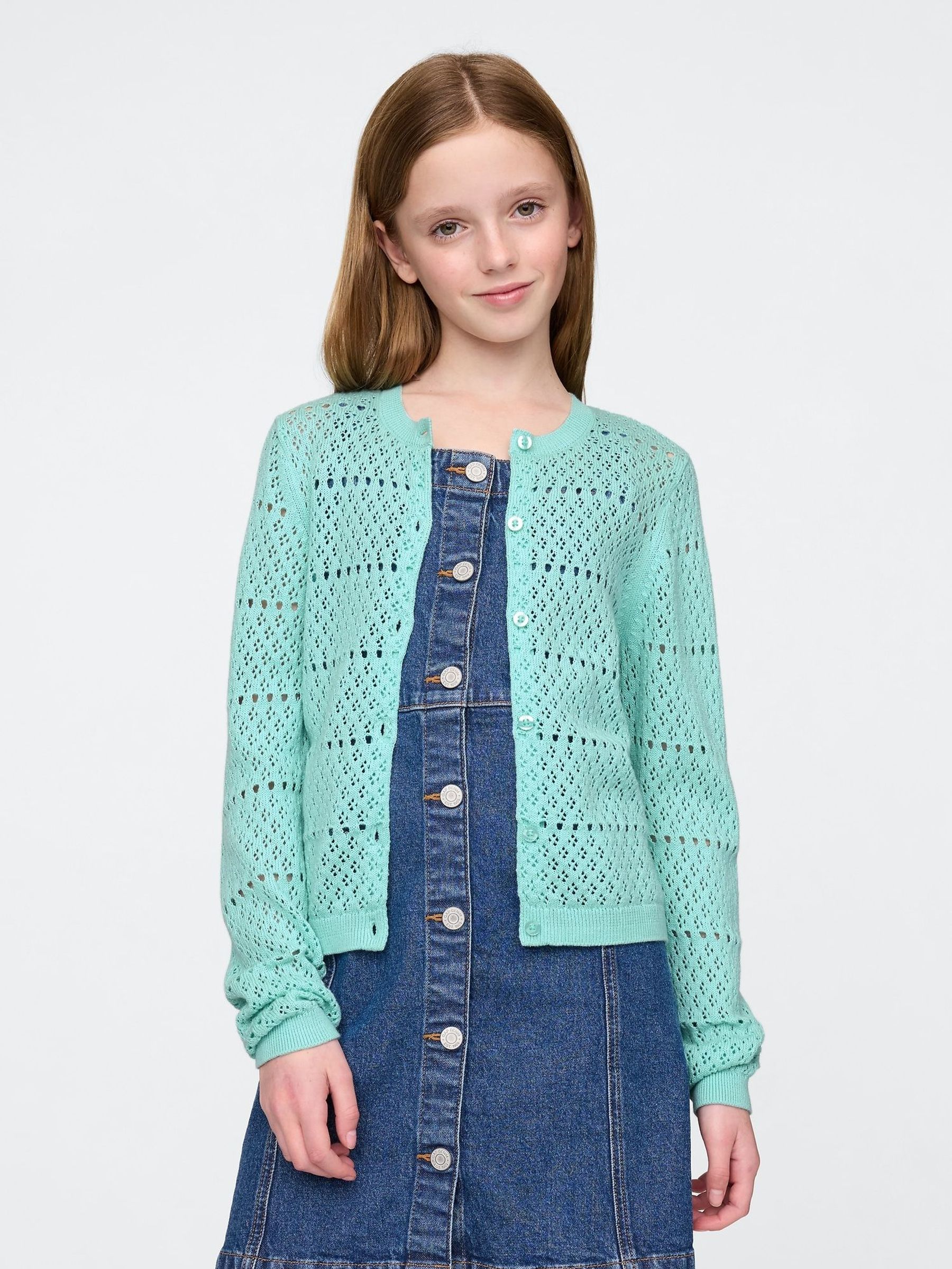Blue Pointelle Crochet Cardigan (4-13yrs) (F49014) | £25