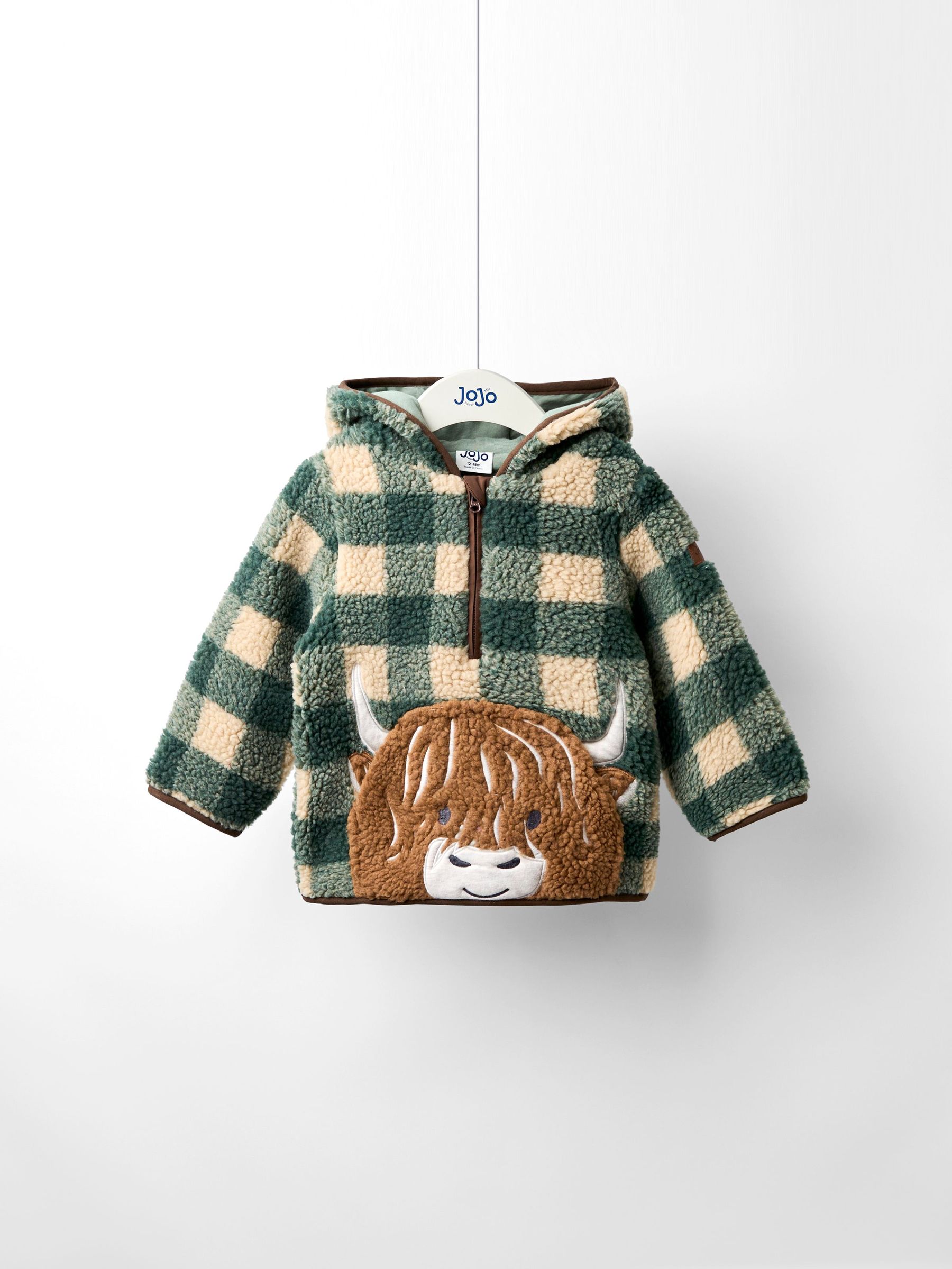 Green Highland Cow Appliqué Half Zip Borg Jacket (F49219) | £32 - £36