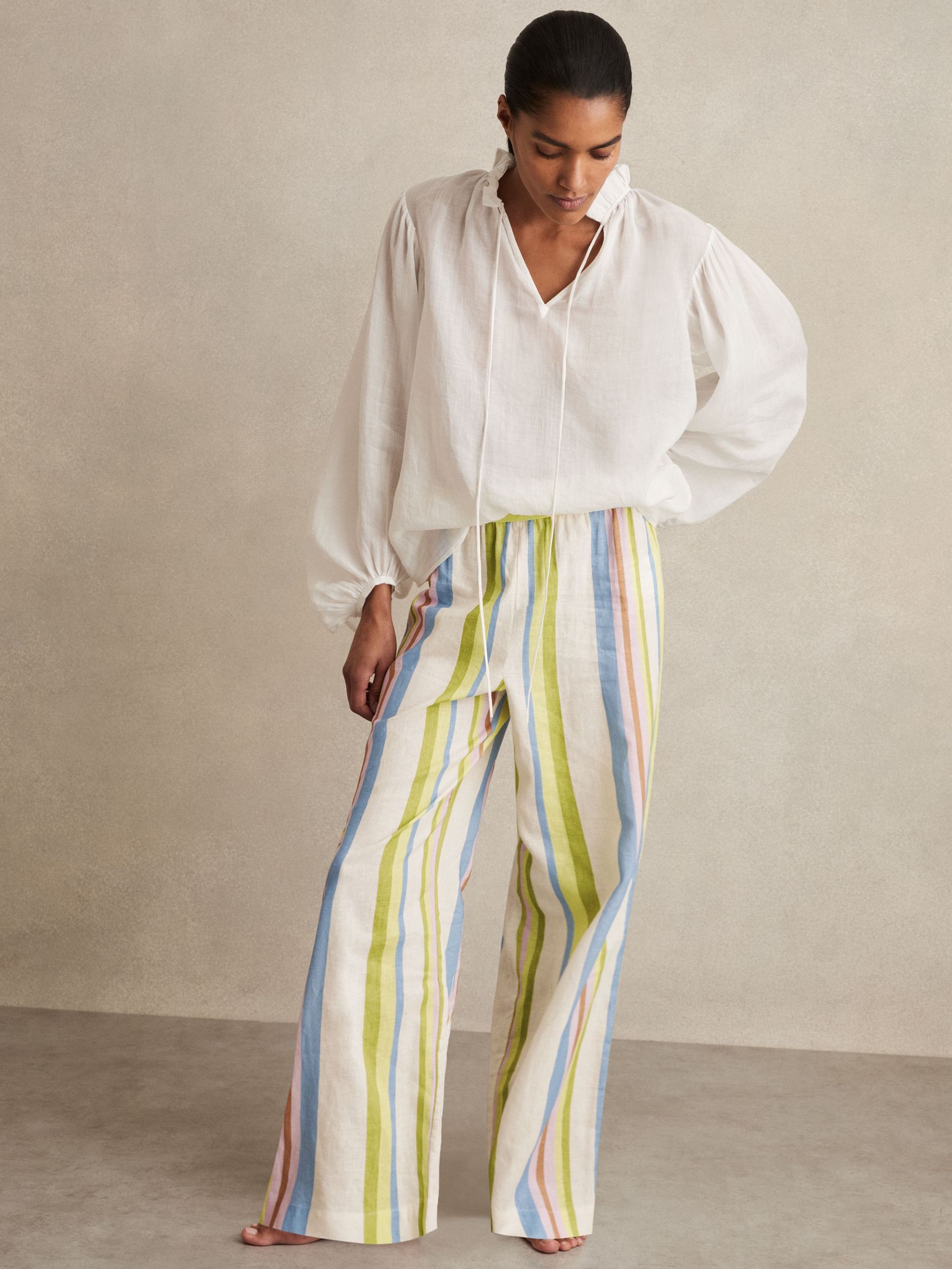 Linen-Blend Stripe Trousers in Green/Blue (F49247) | £120