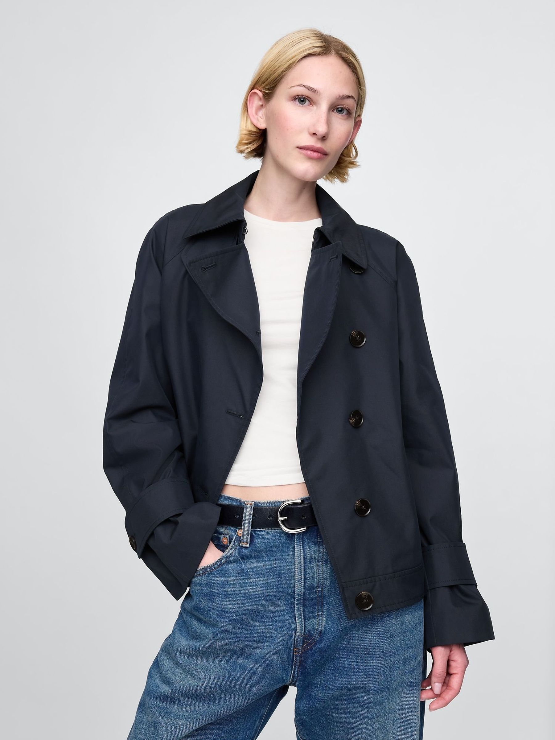 Navy Blue Asymmetrical Short Trench Jacket (F49720) | £125