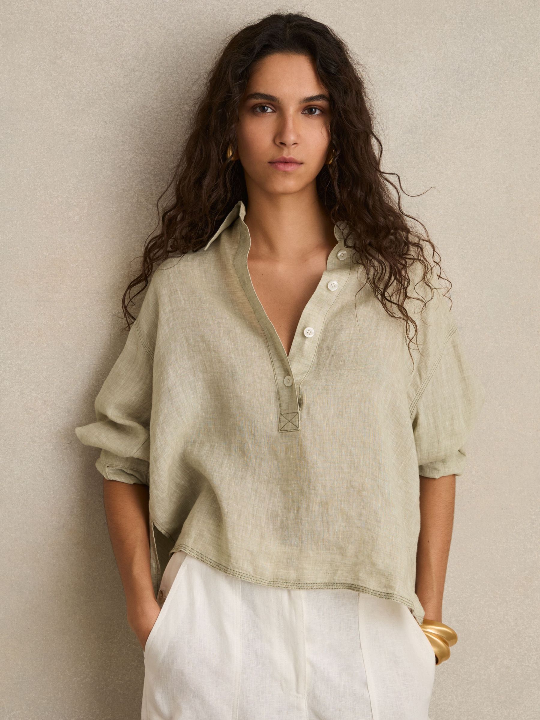 Linen Overhead Open-Collar Shirt in Sage (F49726) | £110