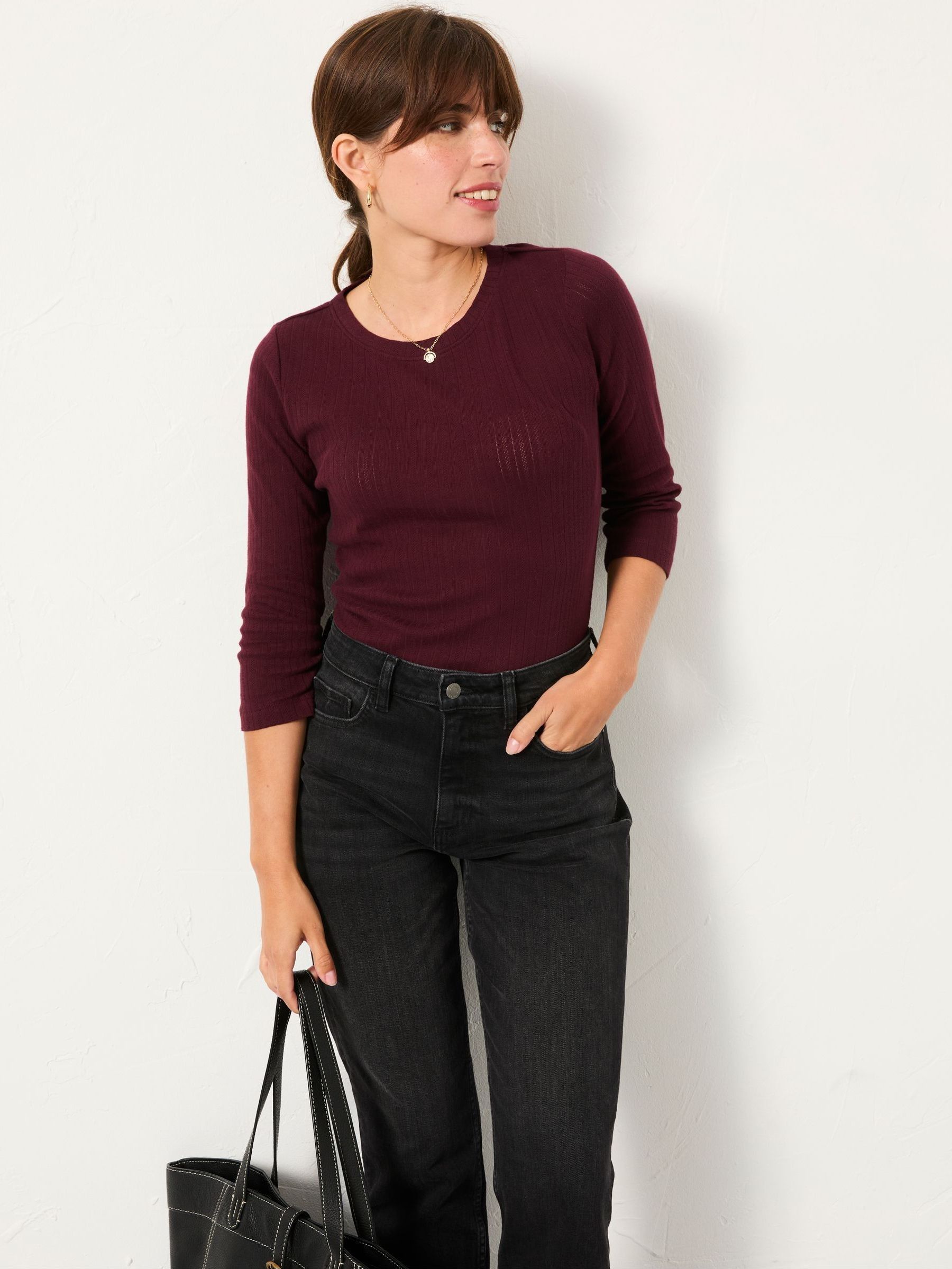 Callie Burgundy Pointelle 3/4 Sleeve T Shirt (F50238) | £35