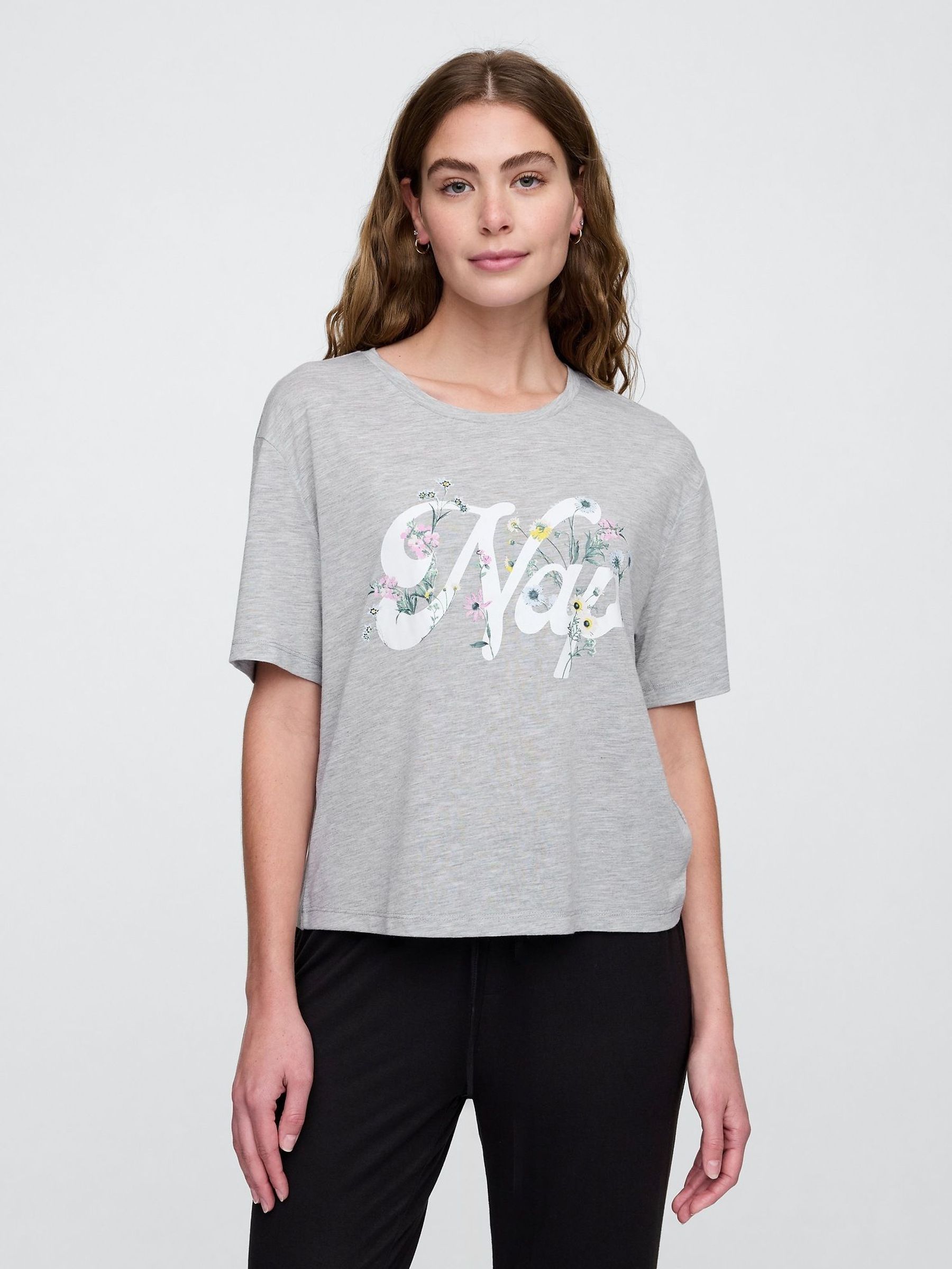 Grey Floral Short Sleeve Pyjama T-Shirt (F50568) | £14