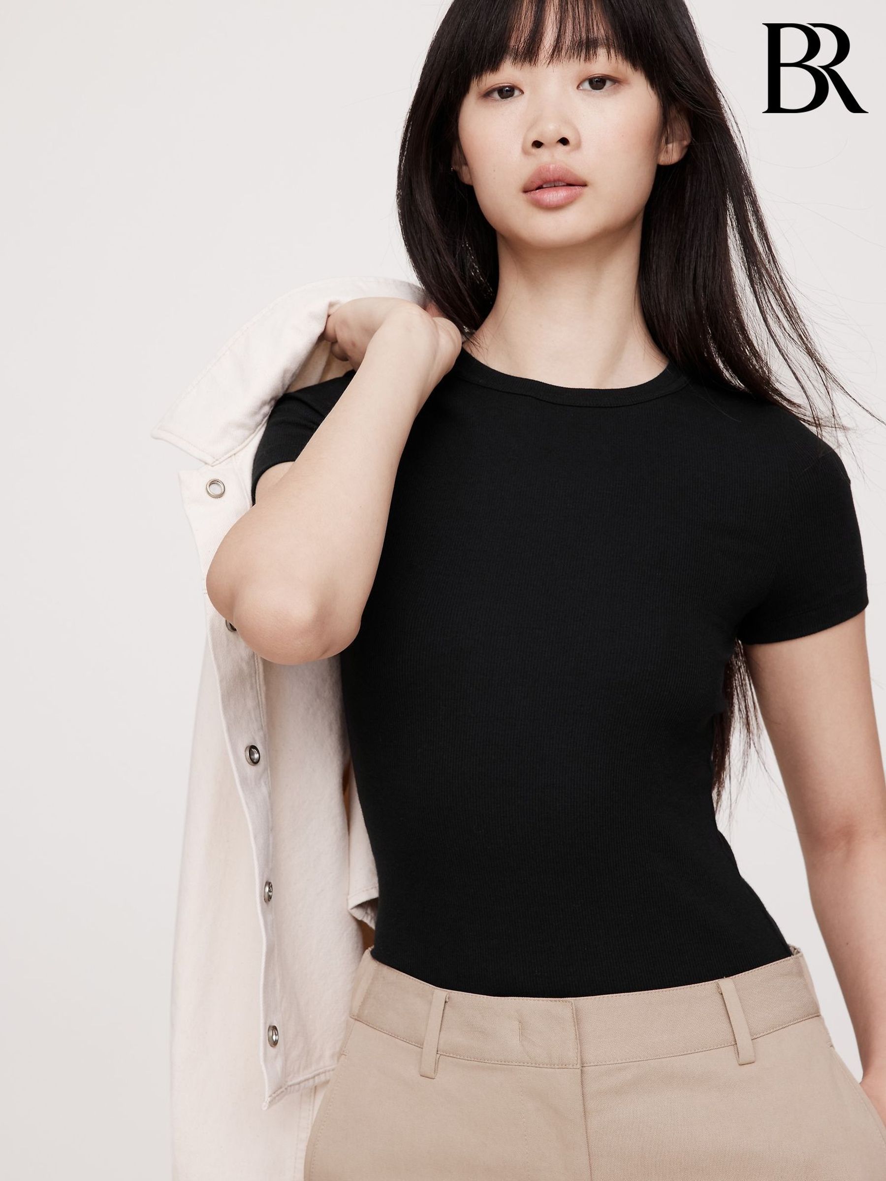 Banana Republic Black Ribbed Short-Sleeve T-Shirt (F50636) | £25