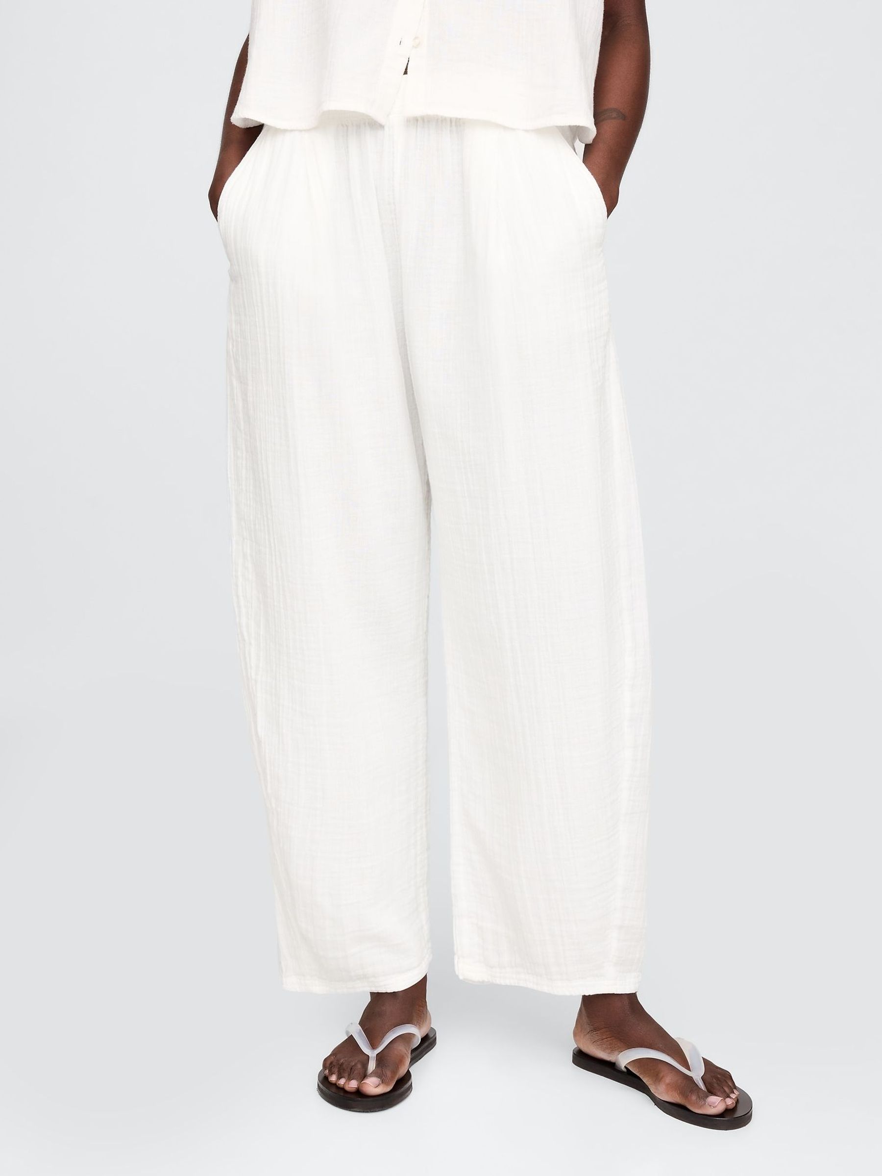 White Crinkle Gauze Easy Barrel Trousers (F50646) | £45
