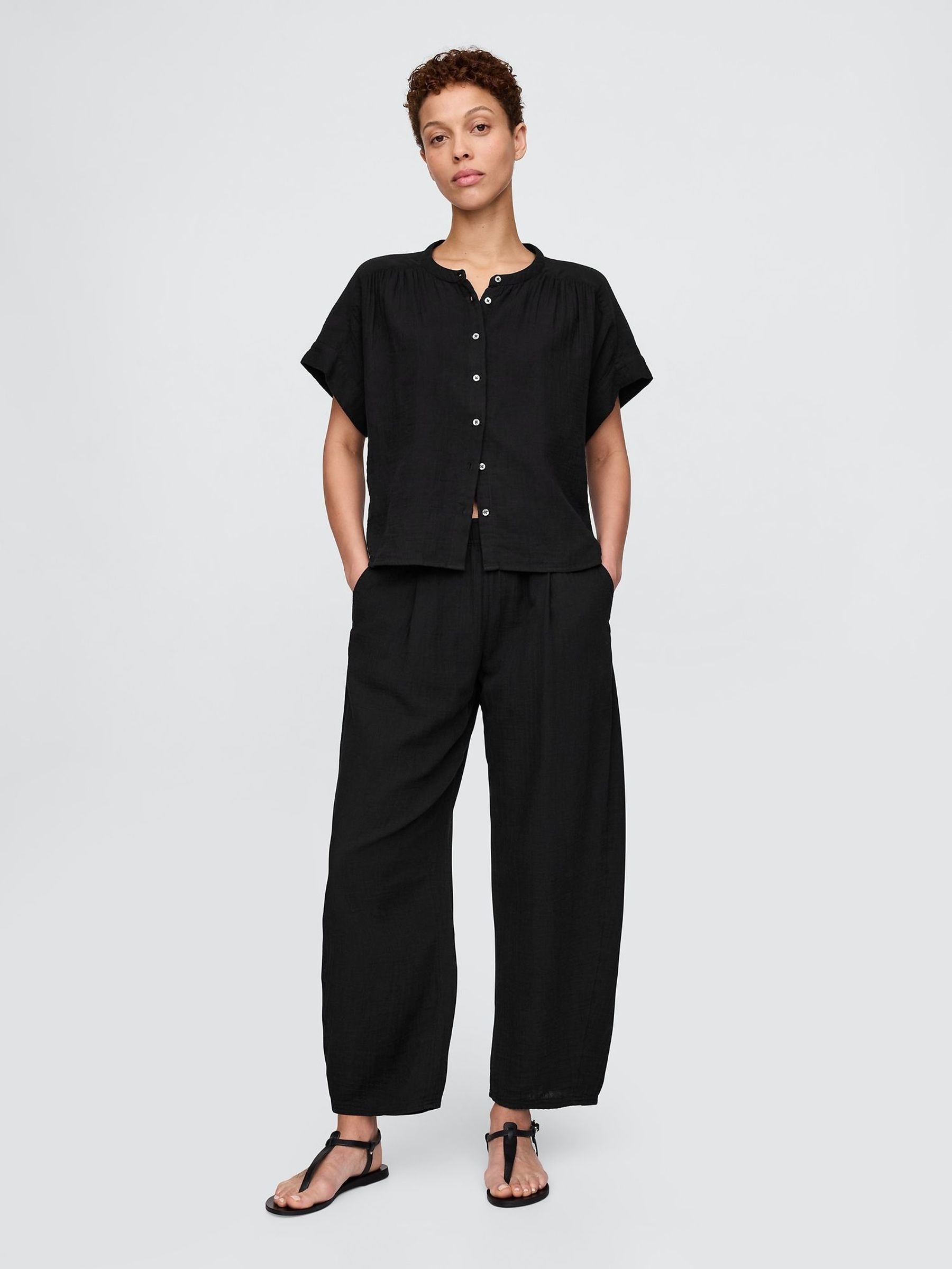 Black Crinkle Gauze Easy Barrel Trousers (F50648) | £45