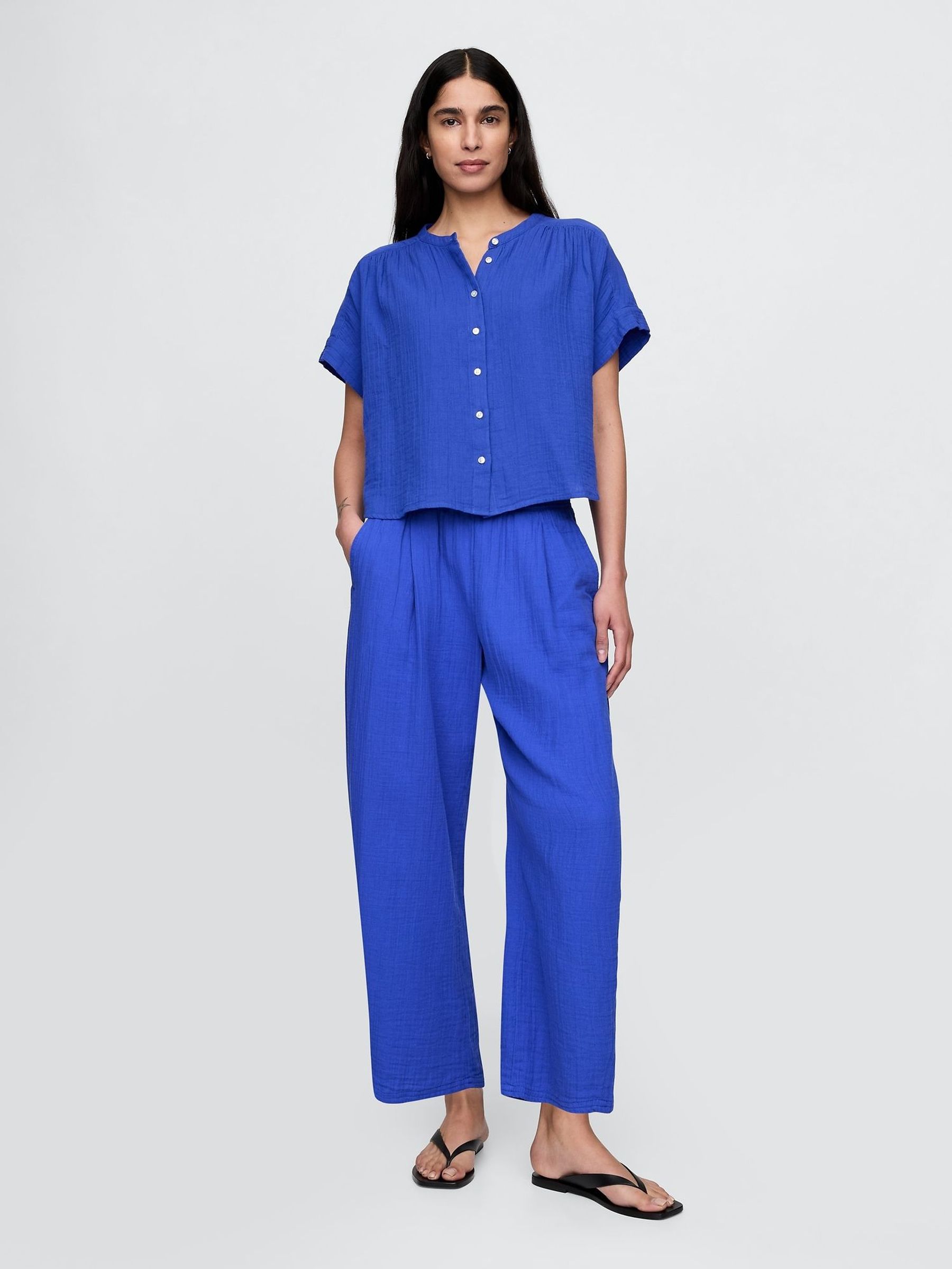 Blue Crinkle Gauze Easy Barrel Trousers (F50650) | £45
