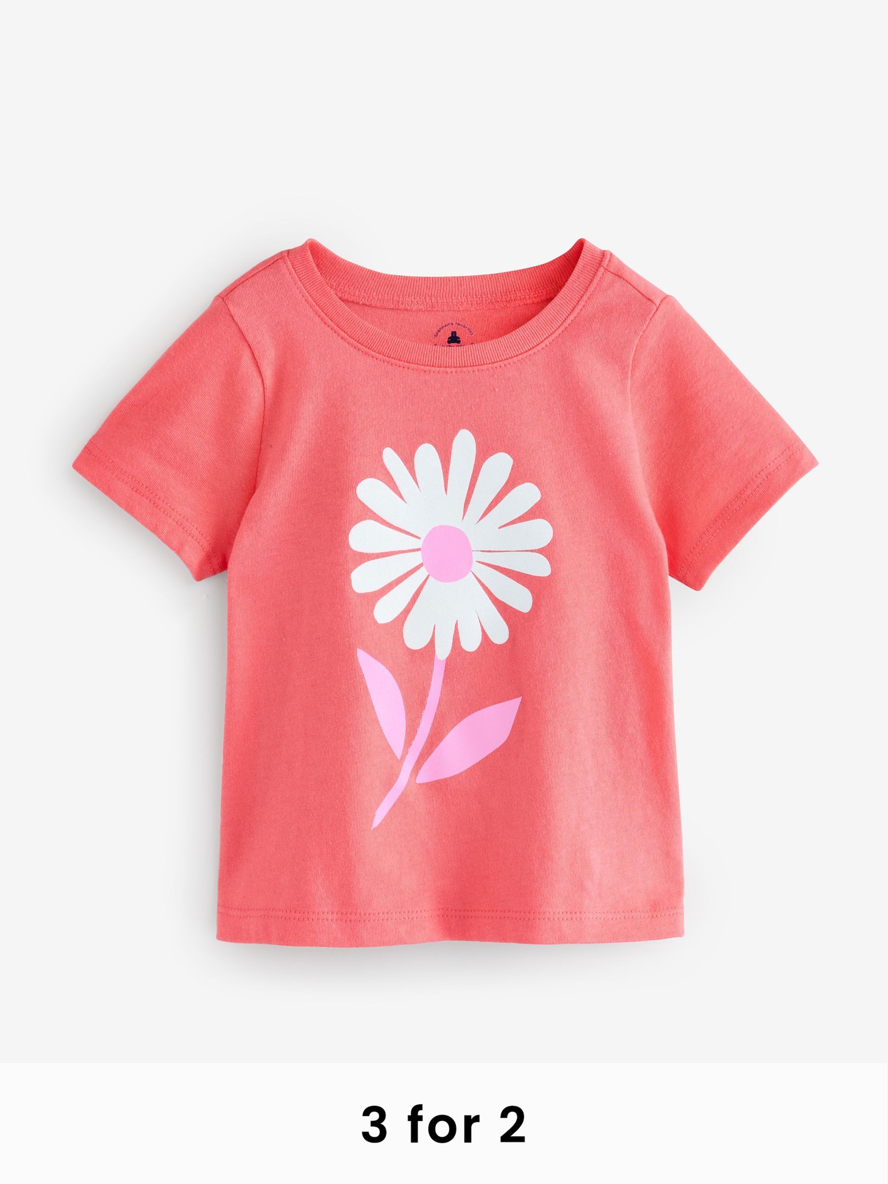 Coral Pink Daisy Short Sleeve Crew Neck Graphic T-Shirt (6mths-5yrs) (F51275) | £10