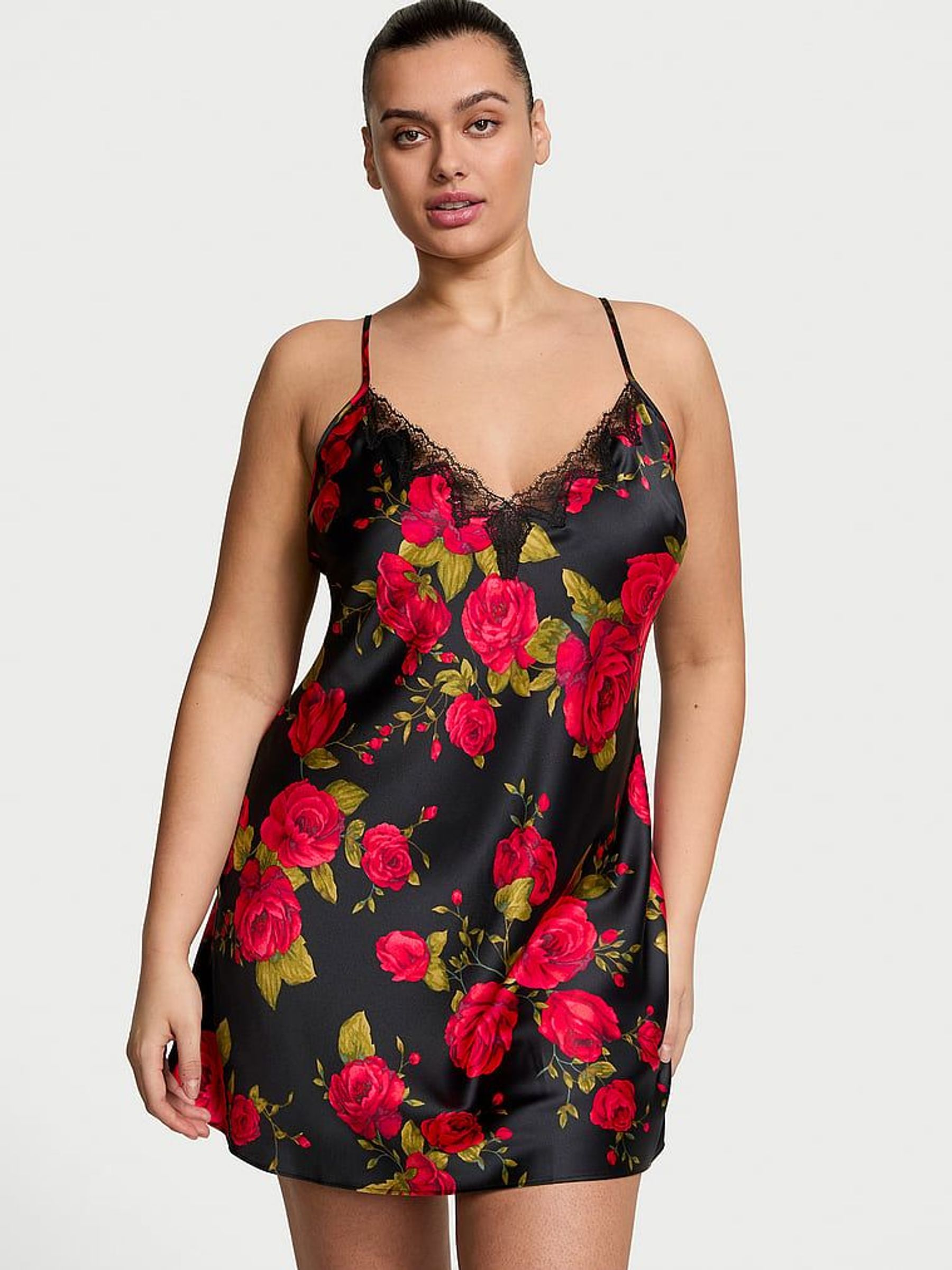 Black Glamorous Rose Satin Lace Trim Slip Dress (F51615) | £69