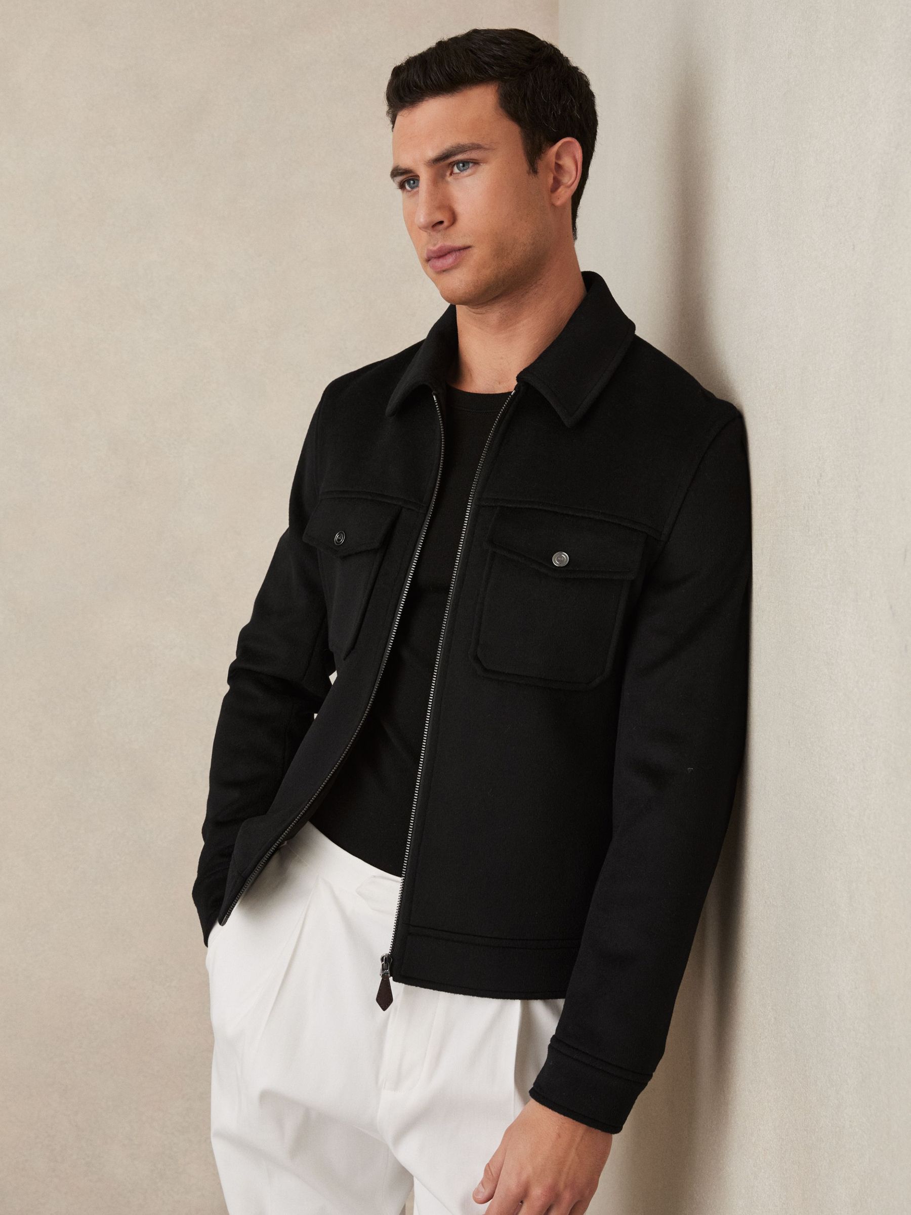 Zip-Through Trucker Jacket With Wool in Black (F53526) | £280