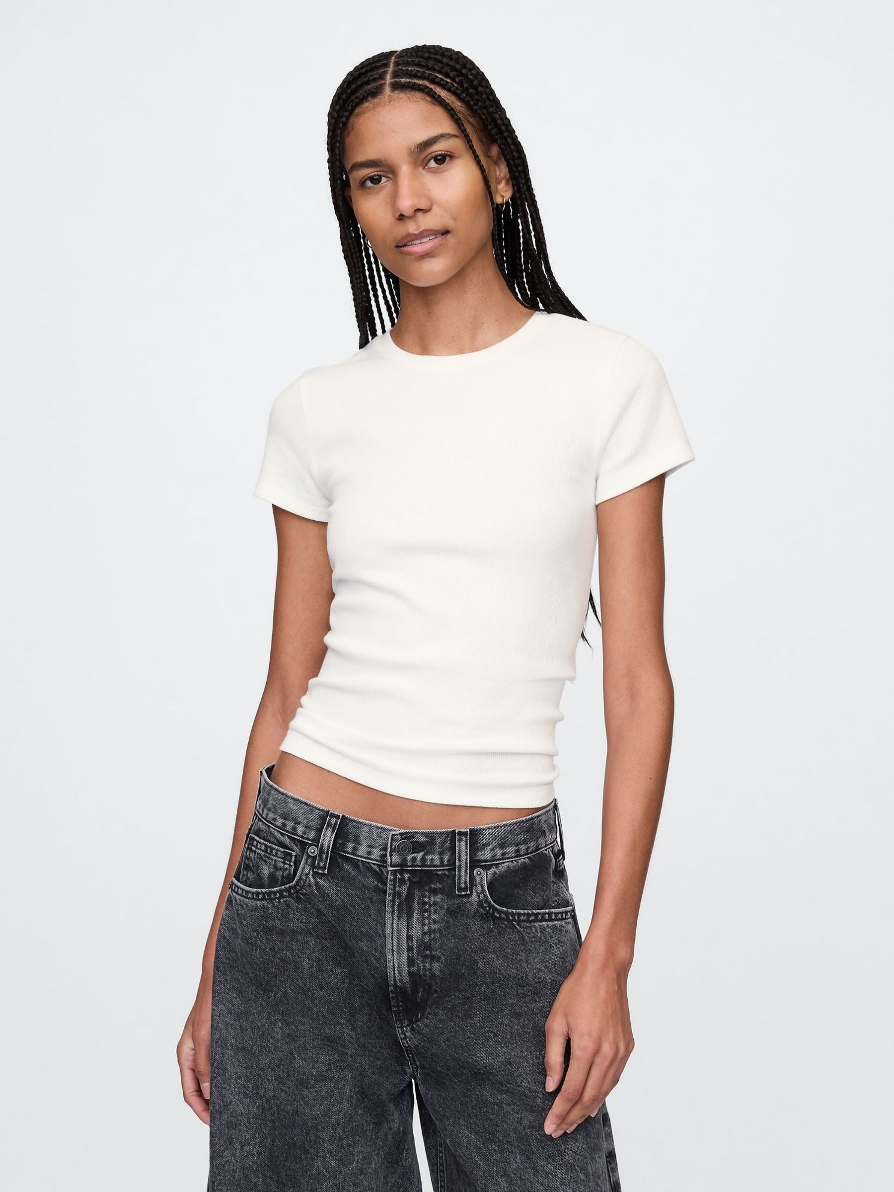 White Modern Cotton-Modal Short Sleeve Ribbed Cropped T-Shirt (F54716) | £16