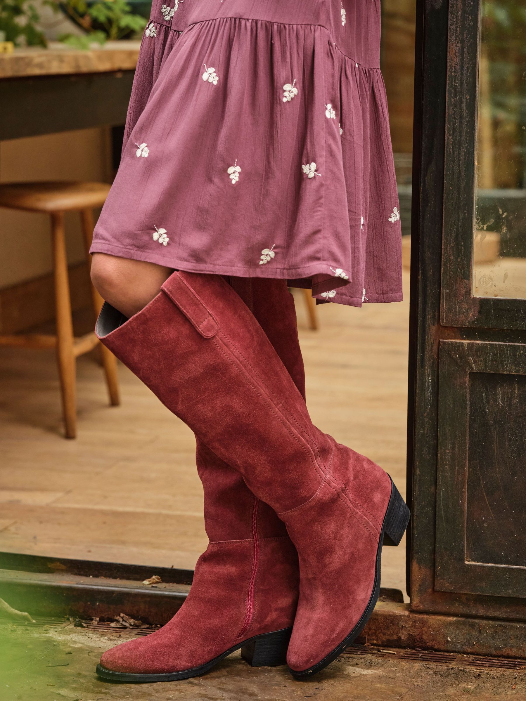 Red Suede Mid Heel Knee High Boot (F55984) | £125