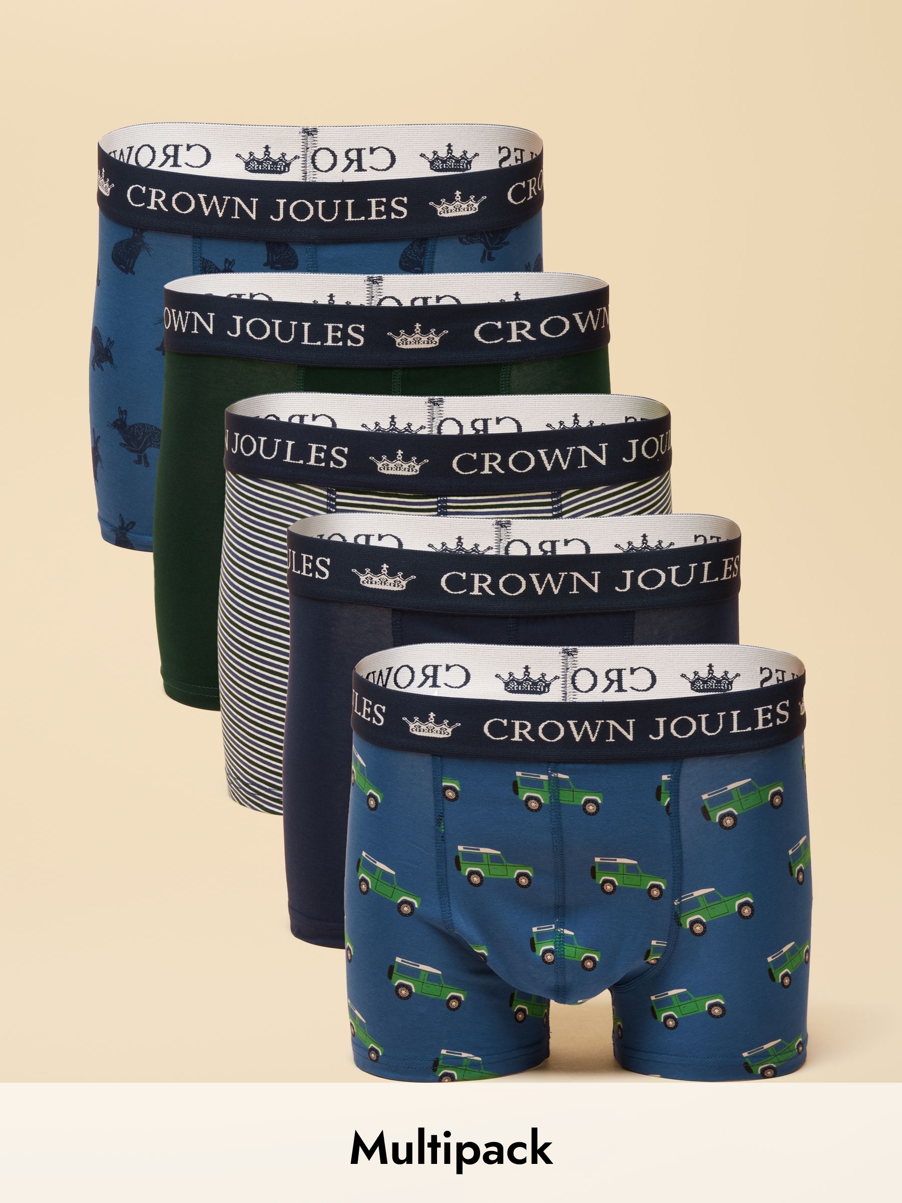 Crown Joules Blue & Green Cotton Jersey Boxer Shorts - 5 Pack (F57071) | £35