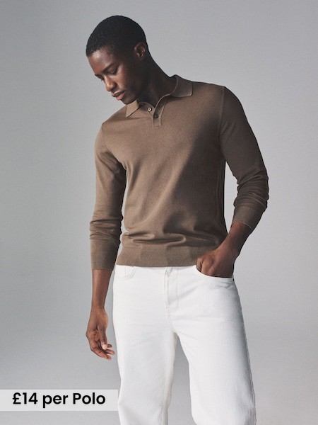 Brown - 3 Pack Long Sleeve Knitted Polo Jumpers (F59523) | £42