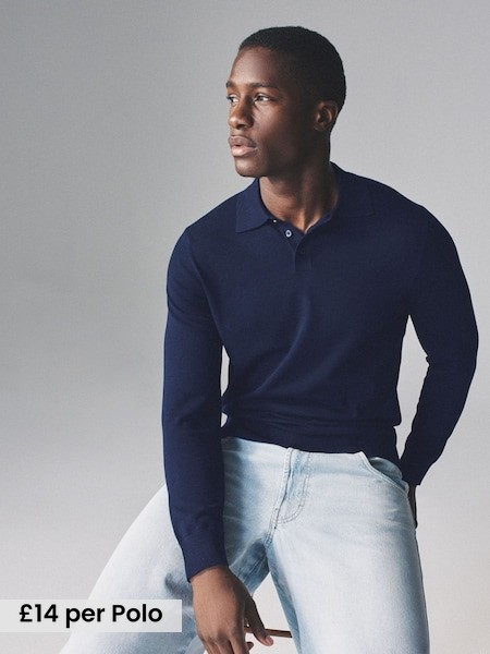 Navy Blue/Khaki/Brown - 3 Pack Long Sleeve Knitted Polo Jumpers (F59525) | £42