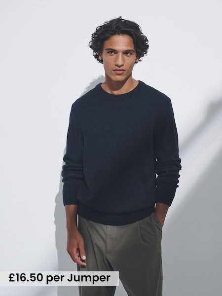 Brown/Navy - 2 Pack Crew Neck Knitted Jumpers with Wool (F59531) | £33